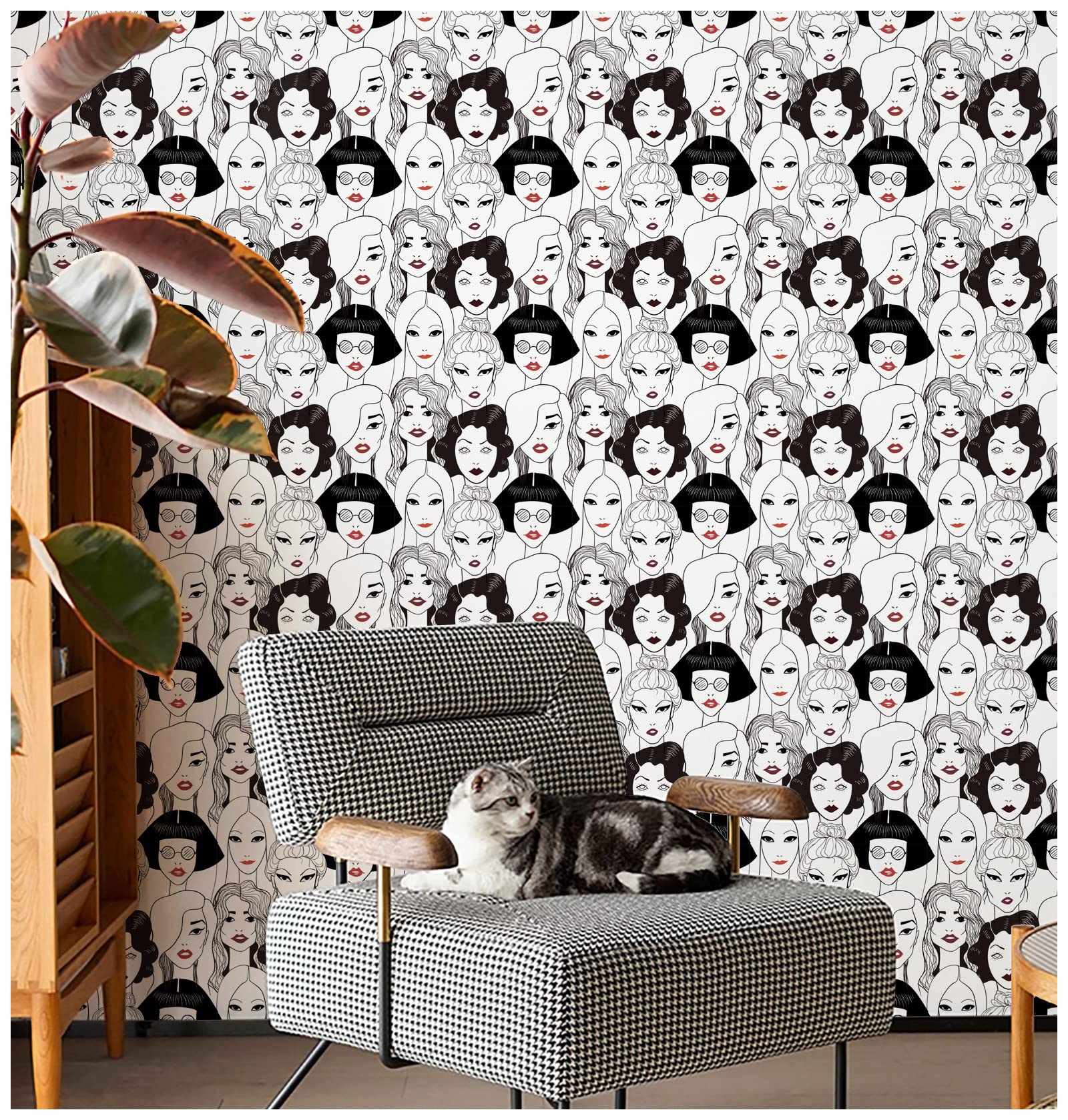 HAOKHOME Modern Peel and Stick Wallpaper - Black/White/Red Lips Design - Removable Self-Adhesive Vinyl Contact Paper 17.7in x 9.8ft - Perfect for Bedroom, Living Room, Office & Dorm Decor