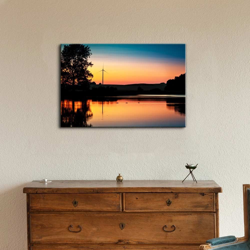 Wind Turbine Sunset Lake Canvas Print - Modern Wall Art Decor for Living Room, Bedroom & Office | Stretched Gallery Wrap Giclee Ready to Hang - 12x18 Inch - Perfect for Coastal, Farmhouse or Nature Inspired Home Decor