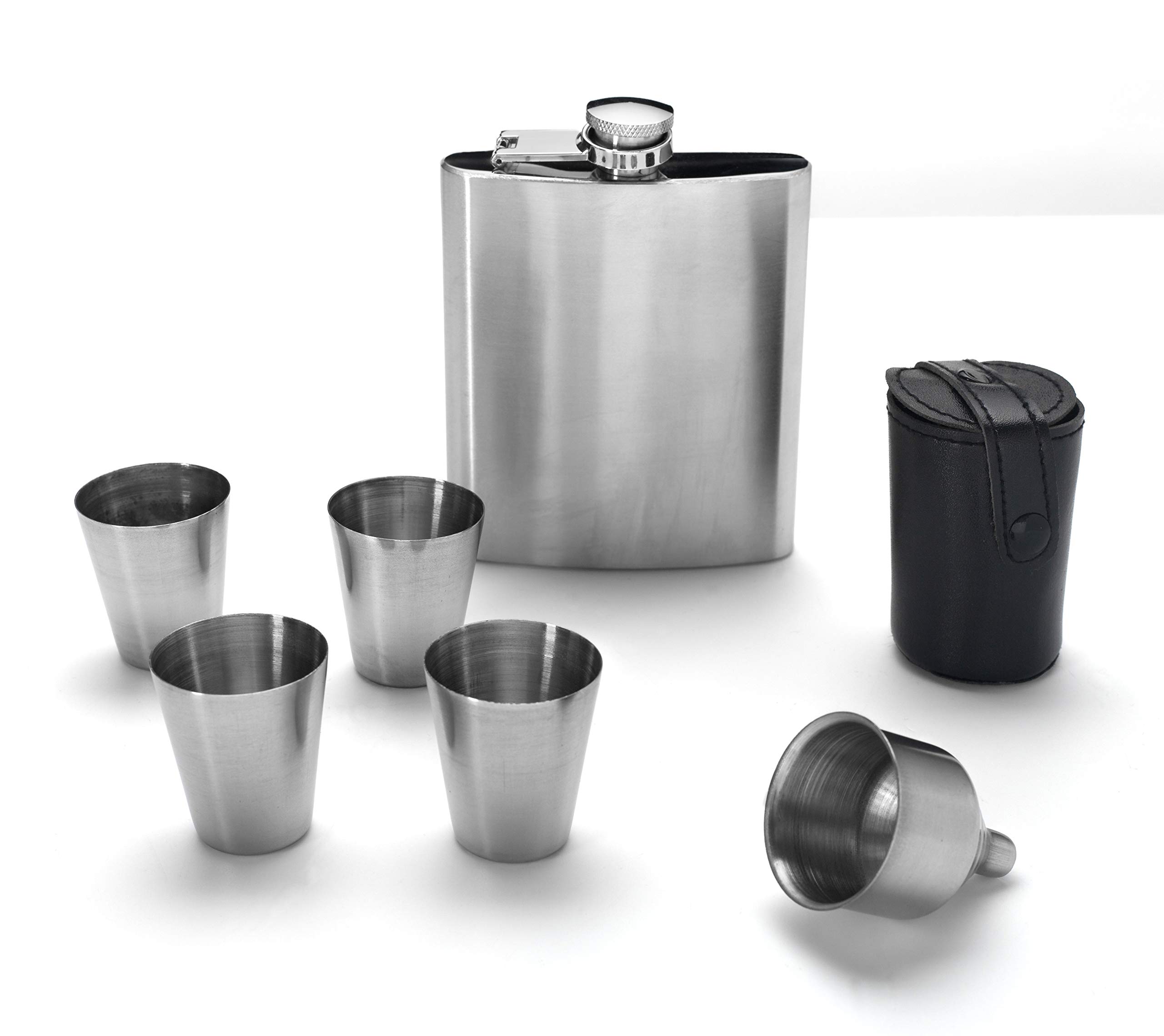 Premium Stainless Steel 7 oz Liquor Hip Flask Set with Funnel, 4 Shot Glasses & Leather Pouch - Perfect for Outdoor Adventures, Camping, Parties & Gifts