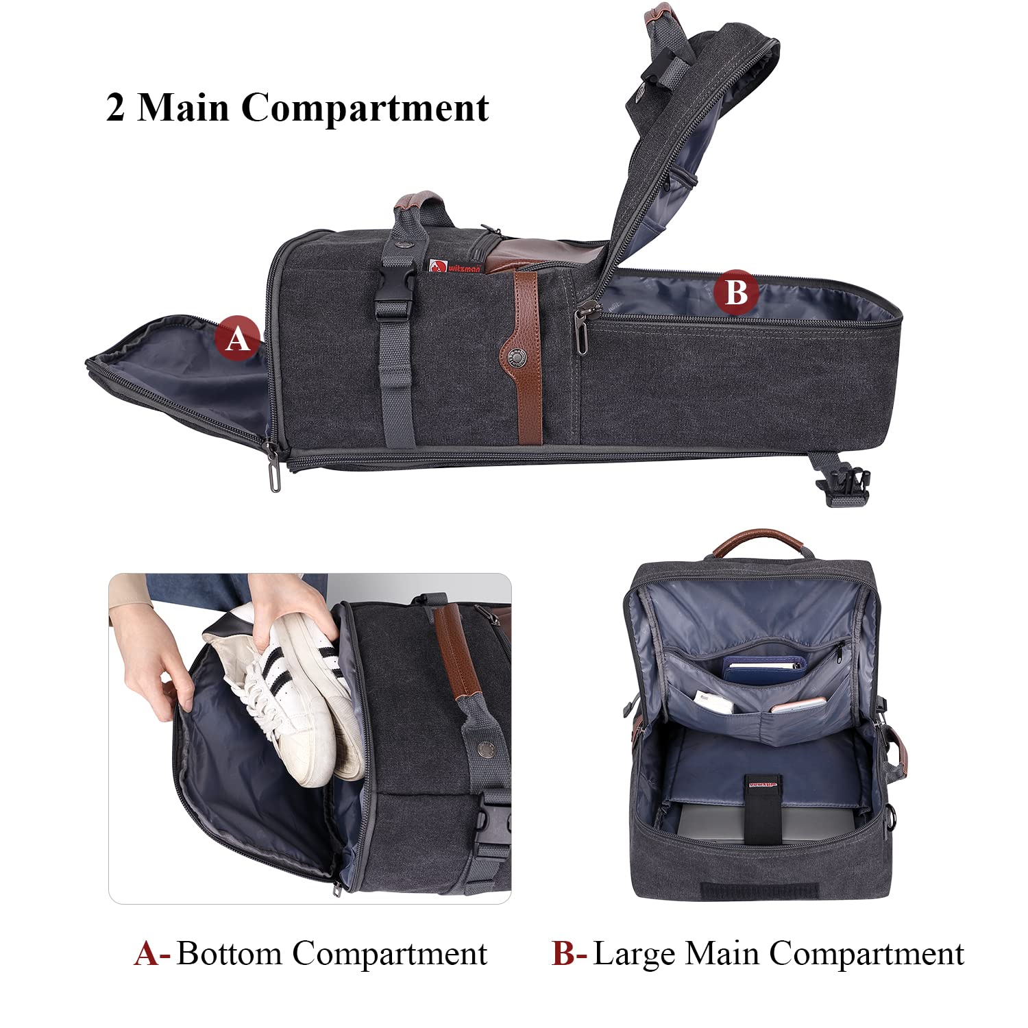 WITZMAN Travel Backpack Carry-on Luggage with Shoe Compartment - Perfect for Gym & Weekend Trips