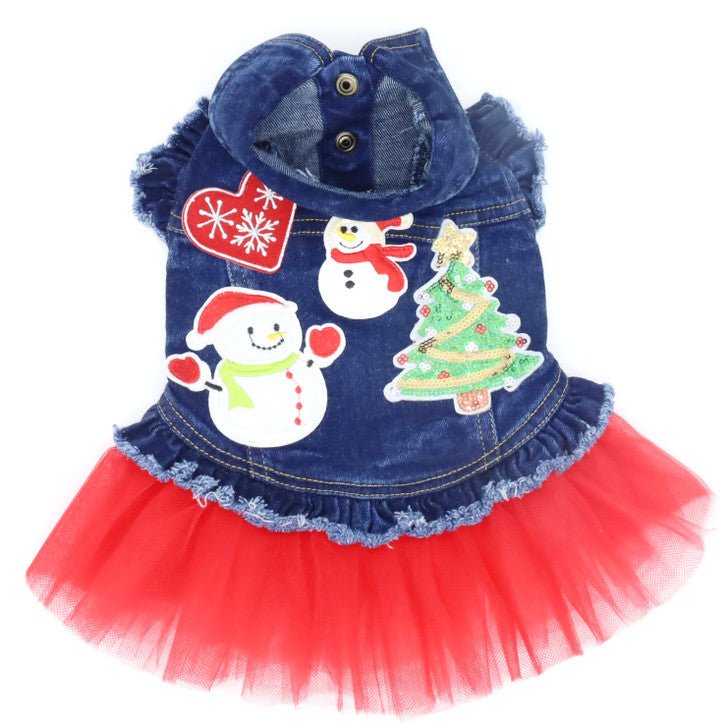 Festive Christmas Snowmen Denim Dog Jacket with Tutu Skirt - Warm Holiday Pet Apparel for Small to Medium Dogs - Perfect for Christmas Photos & Winter Outings
