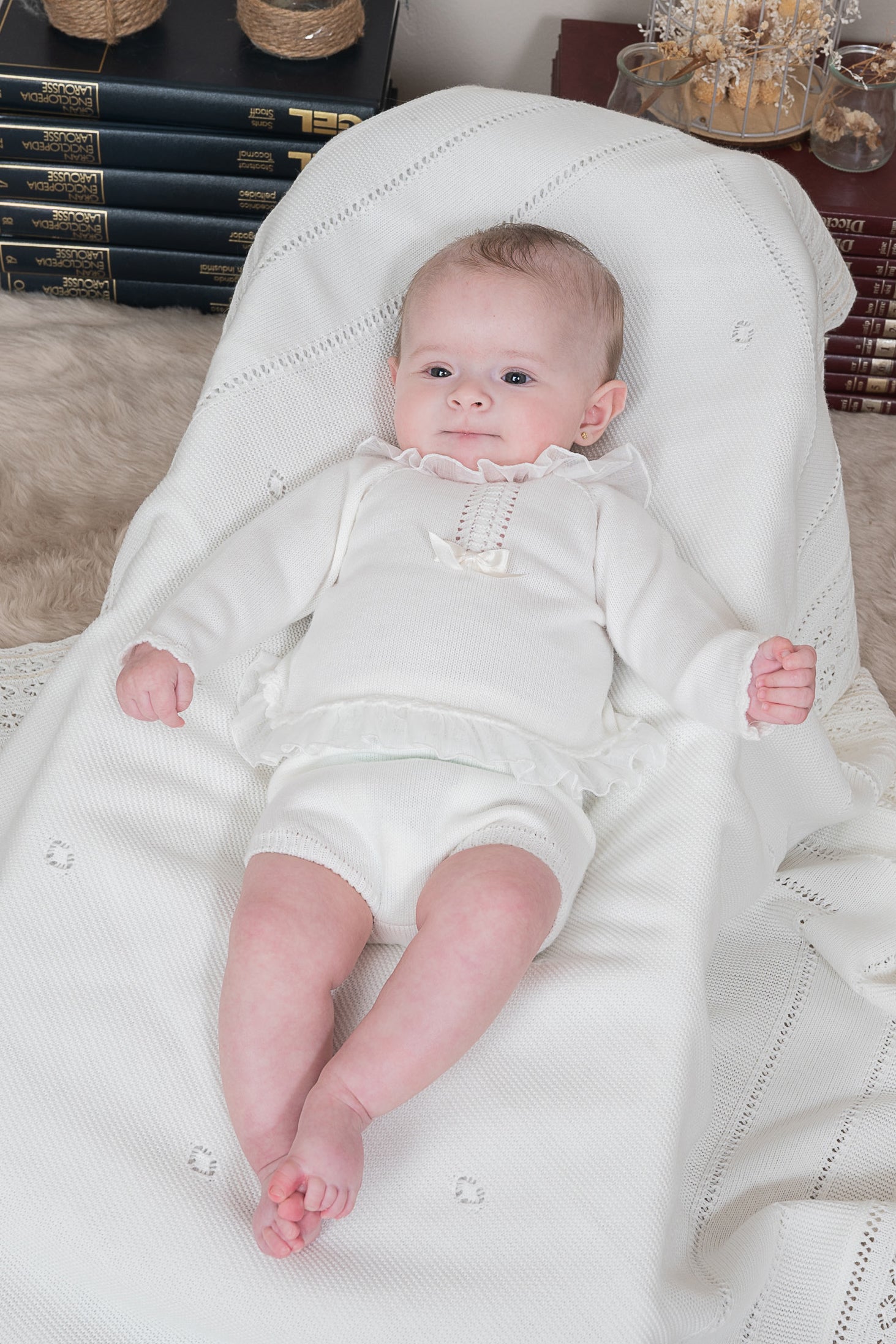 Cora Ivory Knit Top & Bloomers Set - Soft Cotton Baby Girl Outfit for Newborn Photography, Christening, and Special Occasions