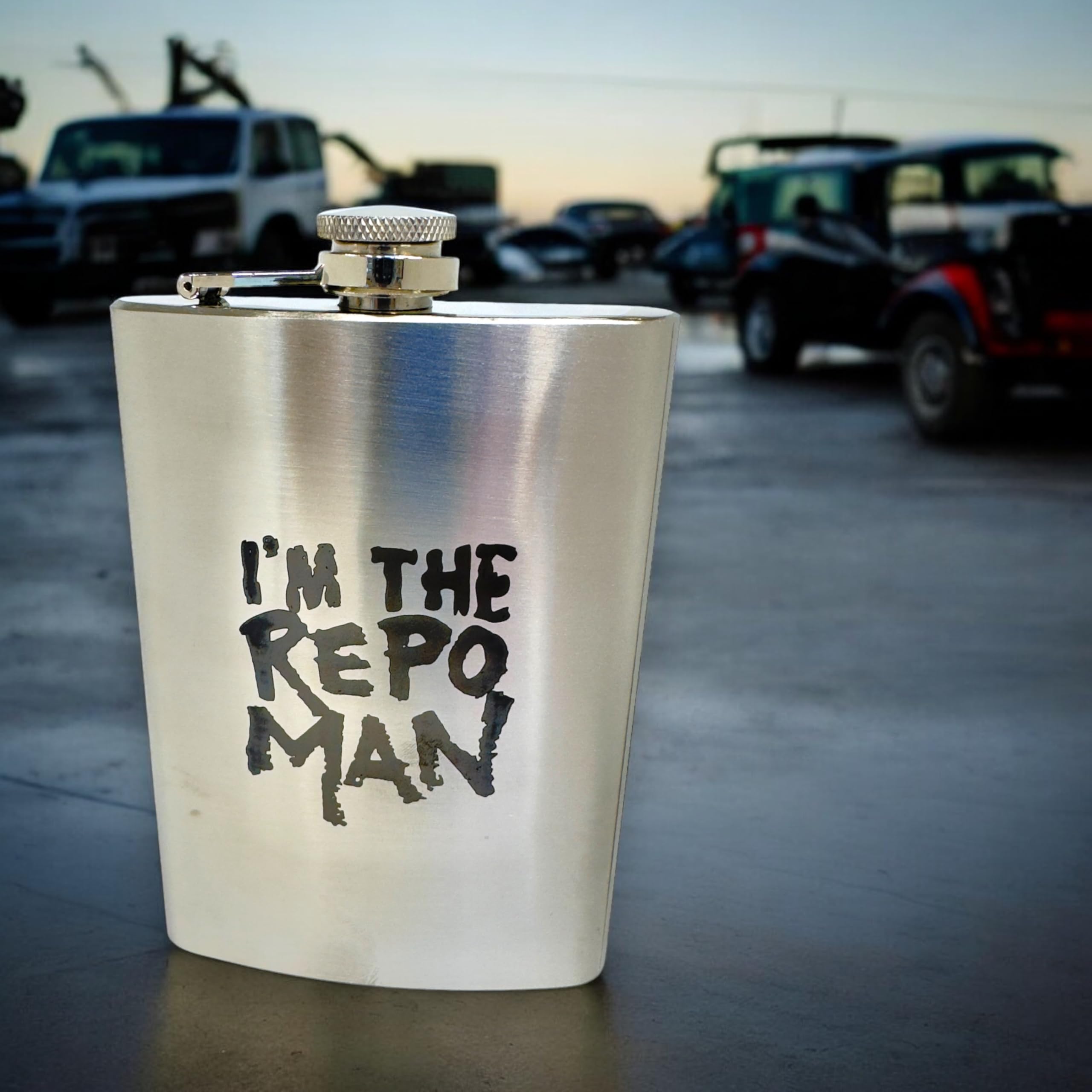 8oz Stainless Steel 'I'm the Repo Man' Hip Flask - Perfect for Outdoor Adventures, Parties & Gifts