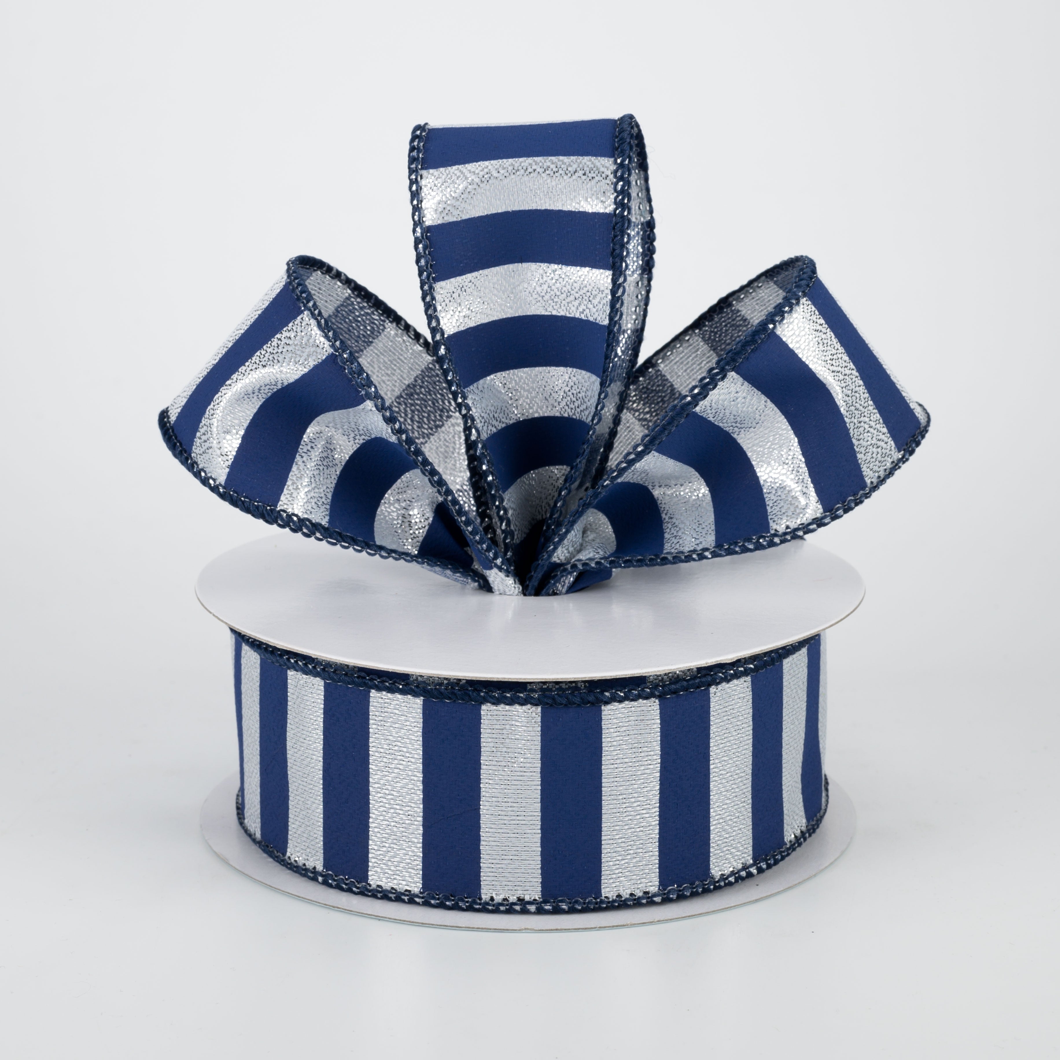 1.5 Inch Medium Stripe Ribbon - Metallic Silver & Navy Blue (10 Yards) for Gift Wrapping, Crafts, and DIY Decorations