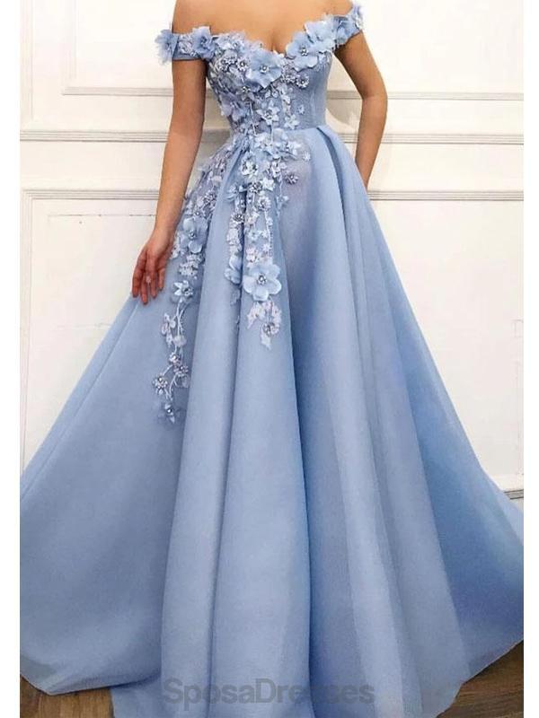 Handmade Blue Off Shoulder Long Prom Dress with Floral Details | Elegant Evening Party Gown for Women | Perfect for Prom, Homecoming, and Formal Events