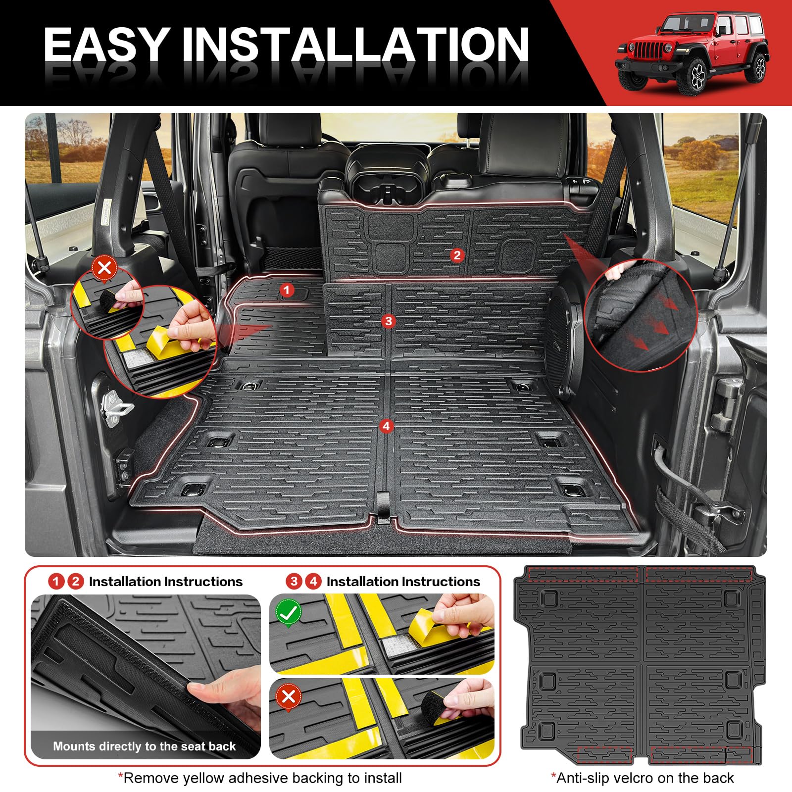 **2018-2024 Jeep Wrangler JL Unlimited 4-Door 4X4 Cargo Liner & Seat Back Cover Set - Heavy Duty TPE Cargo Mat & Backrest Protector for Jeep Wrangler JL/JLU Accessories - Perfect for Off-Roading, Camping & Pet Transport**