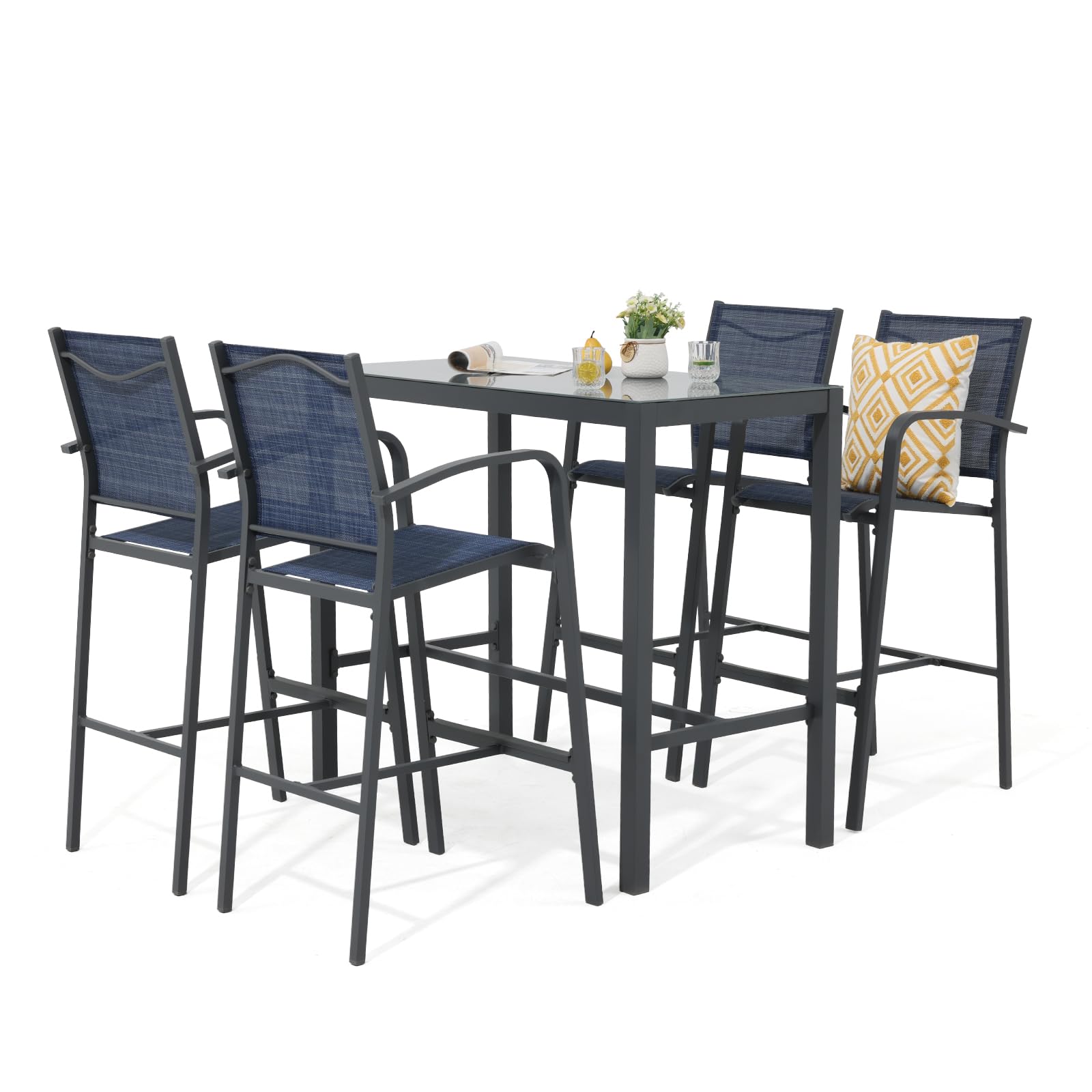 OC Orange-Casual 5-Piece Outdoor Bar Set - All-Weather Aluminum & Textile Fabric High Top Dining Table with 4 Metal Bar Stools & Glass Top Table - Navy Blue Patio Furniture for Porch, Garden, Backyard, Poolside & Outdoor Entertaining