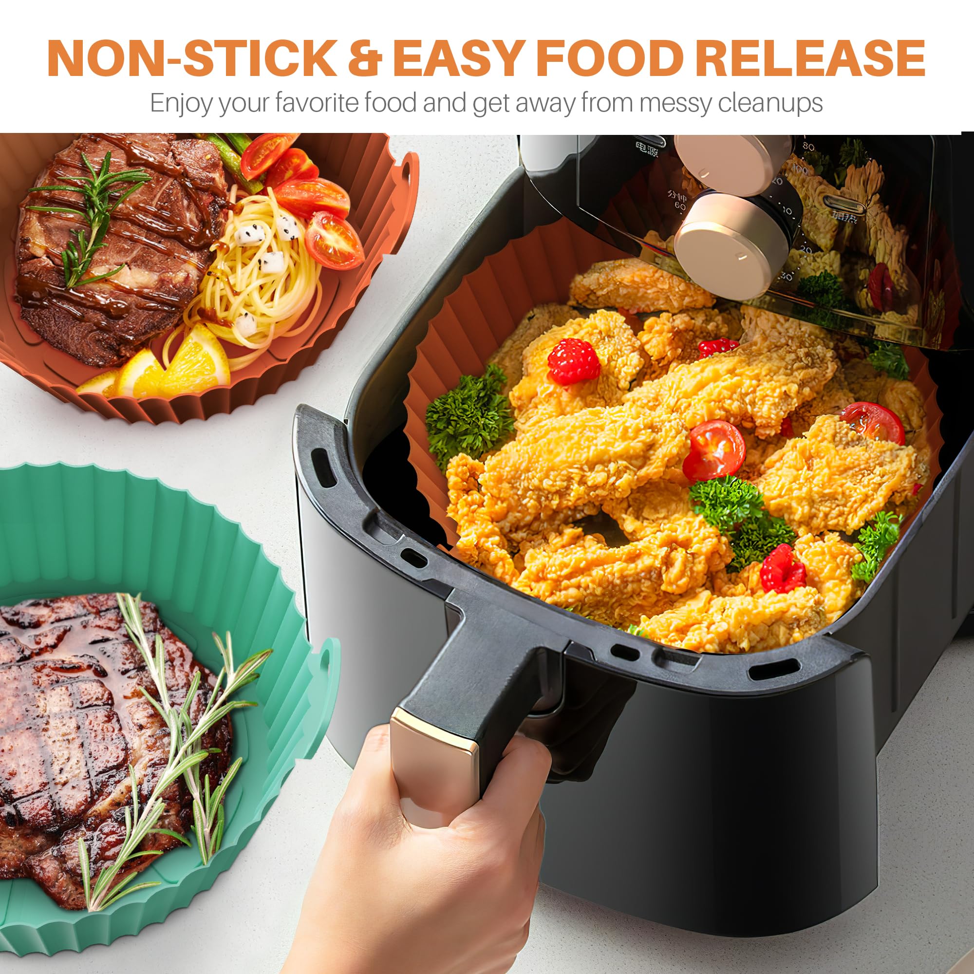ME.FAN Air Fryer Silicone Liners for 4 to 7 QT [2 Pack] - Reusable Non-Stick Basket with Handles & Vent Holes - Compatible with Most Air Fryers & Ovens - Dark Orange & Mint Green - Perfect for Roasting, Baking & Frying Healthy Meals