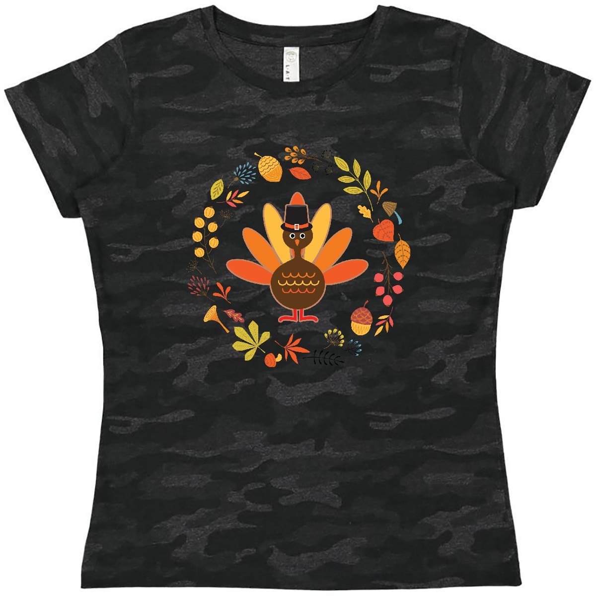 Inktastic Thanksgiving Turkey Fall Holiday Wreath Women's T-Shirt | Cute Autumn Graphic Tee for Women | Perfect for Thanksgiving Gatherings & Fall Festivals
