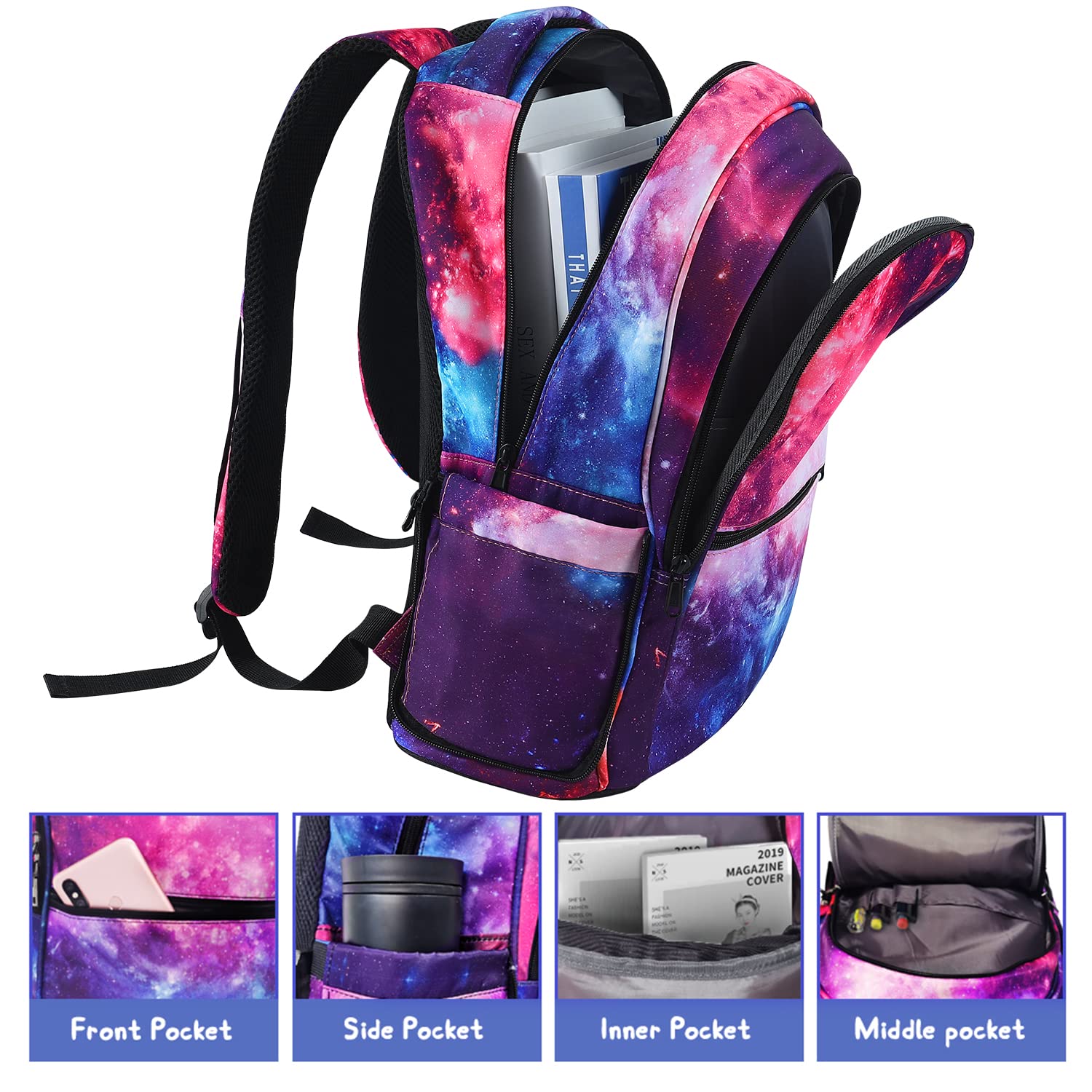 **E-Clover Galaxy Backpack for Girls & Kids - School Backpack with Lunch Box Set, Space Themed Purple Backpack for Elementary & Kindergarten - Perfect for School, Travel & Daily Use**