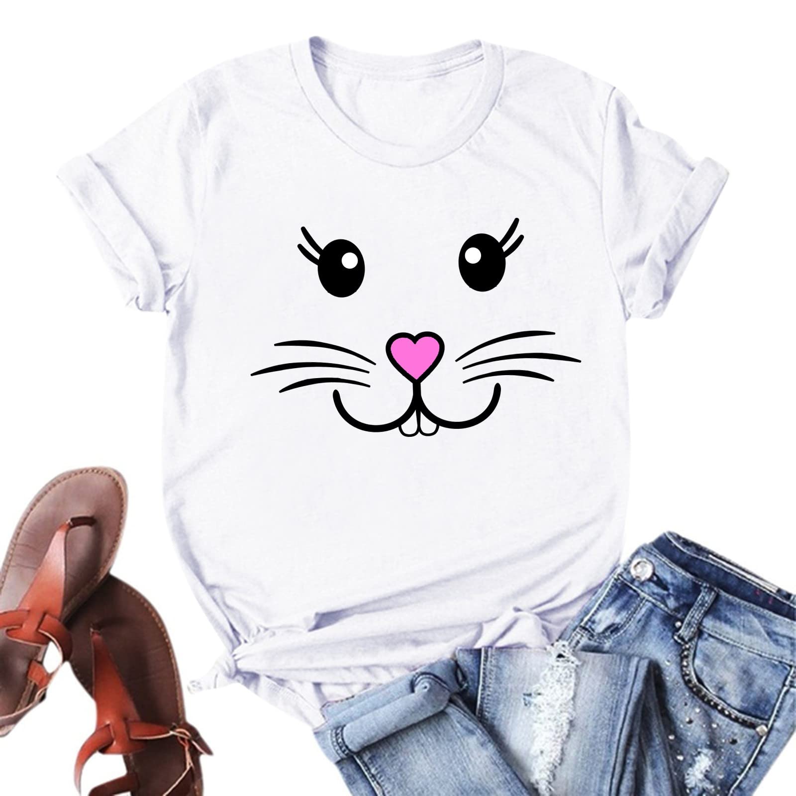 YfiDSJFGJ Cute Rabbit Printed Short Sleeve T-Shirts for Women & Teens Girls - Easter Day Crewneck Casual Tee Tops - Perfect for Spring Outfits, Family Gatherings & Holiday Photos