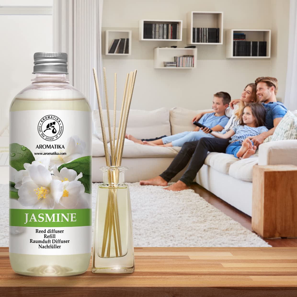Jasmine Reed Diffuser Refill - 4 Pack 17 Fl Oz Bottles - Long Lasting Floral Scented Home Fragrance Oil - Aromatherapy Air Freshener for Living Room, Bedroom, Bathroom & Office - Relaxing & Stress Relief Essential Oil Diffuser