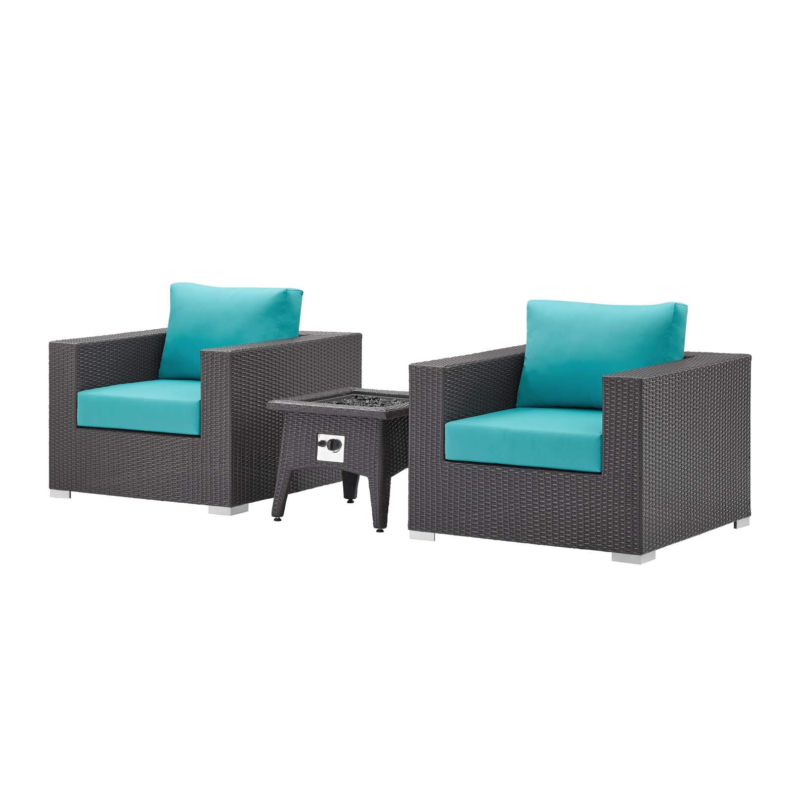 Modern Outdoor Patio Garden Lounge Chair and Table Set with Fire Pit, Blue Fabric Rattan Wicker Furniture for Backyard Relaxation