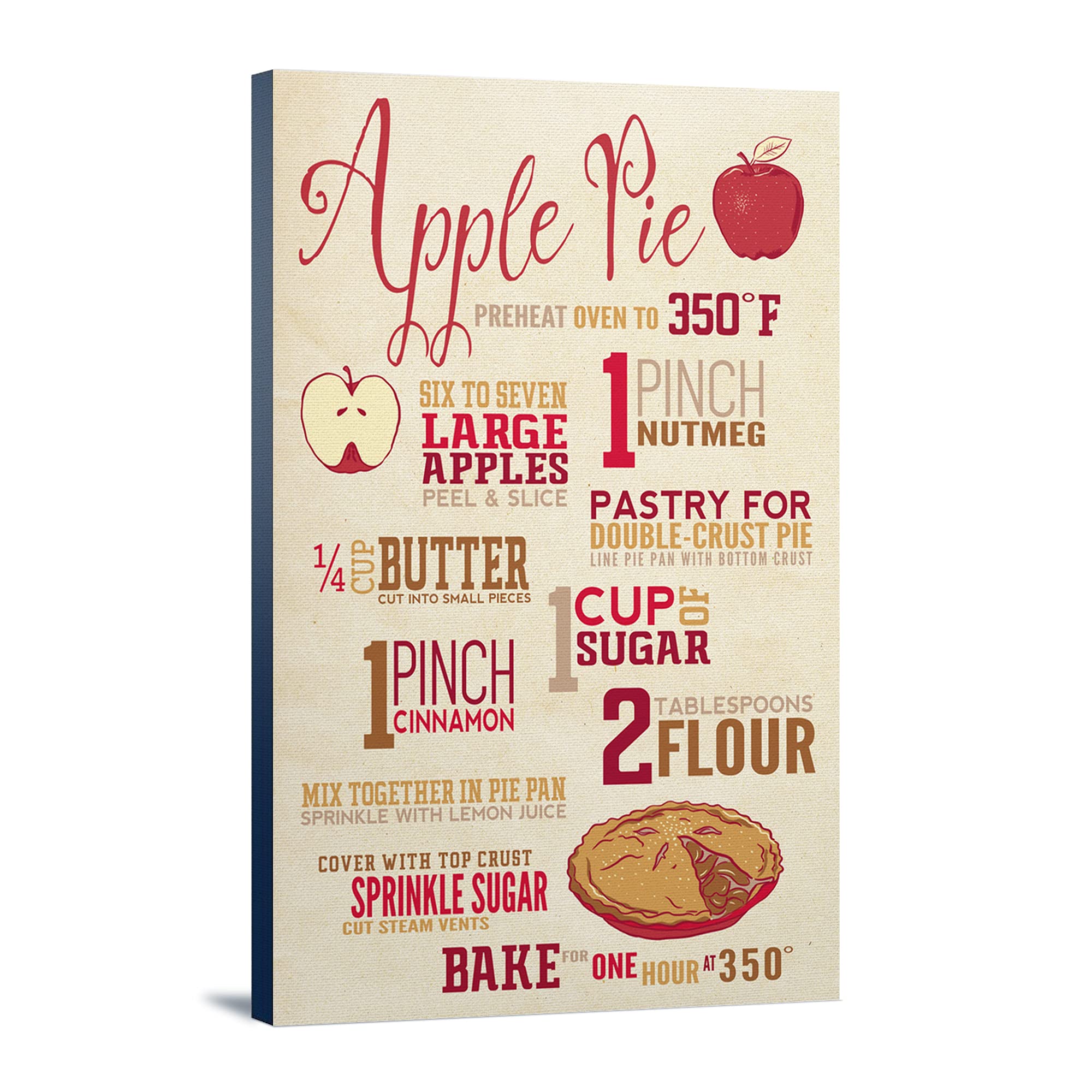 Lantern Press Apple Pie Recipe Typography Art Print - 16x24 Wrapped Canvas Wall Decor for Kitchen, Dining Room & Farmhouse Style Home