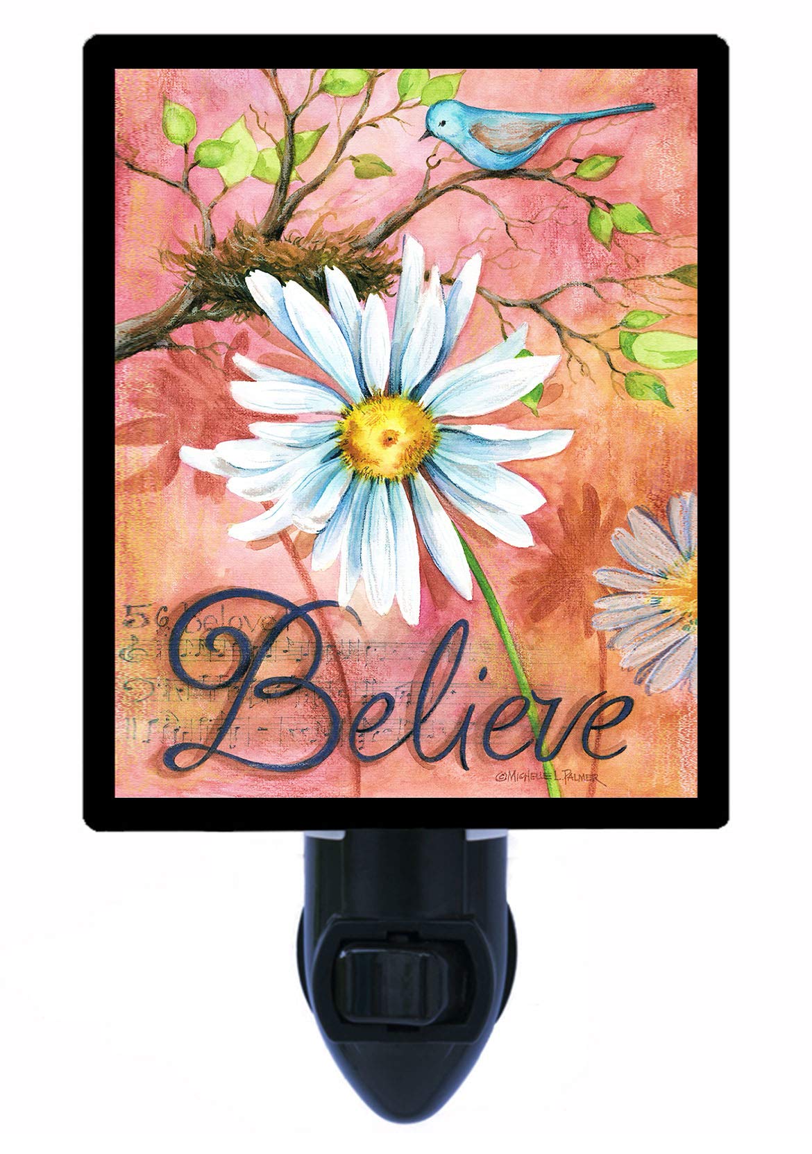 Decorative Photo Night Light - Believe Daisy Flower & Garden Inspirational LED Lamp for Bedroom, Nursery, or Gift