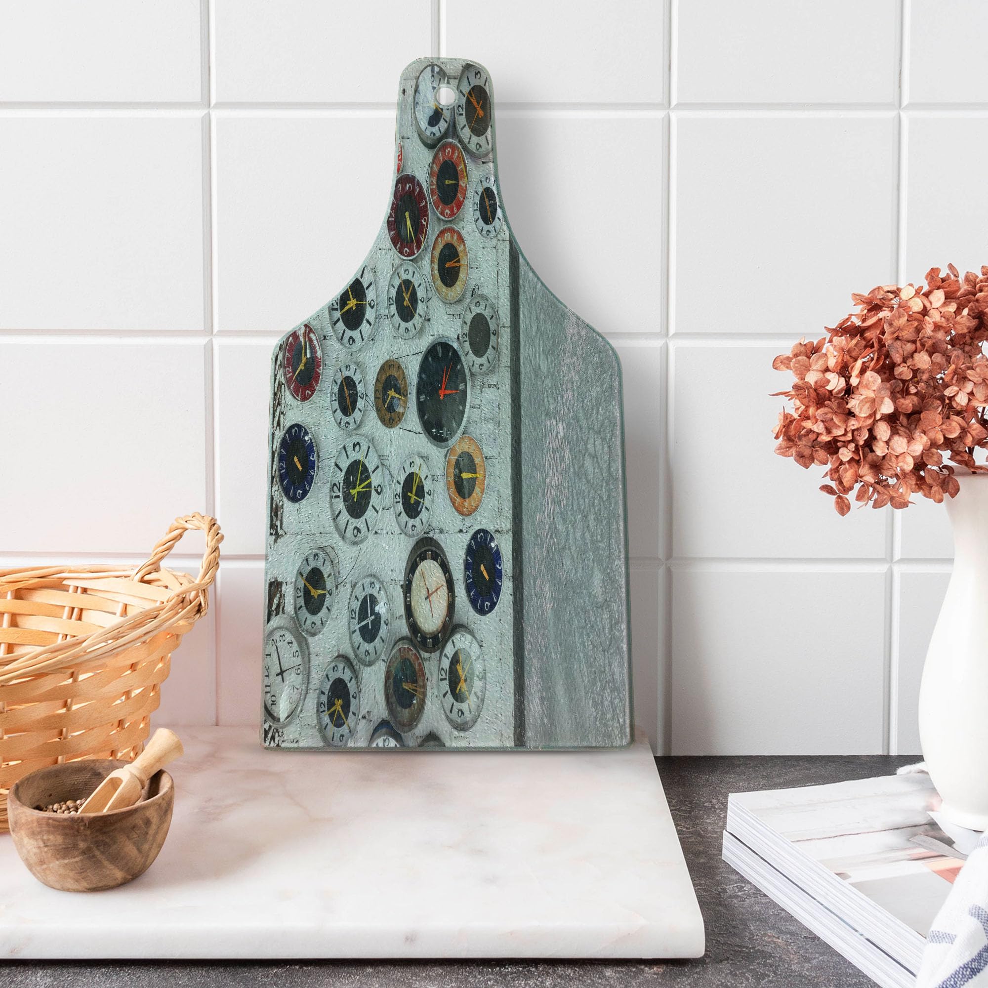 Ambesonne Clock Cutting Board - Modern Design, Tempered Glass for Serving & Decor