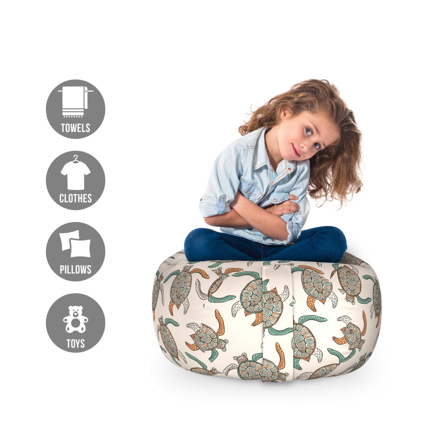 Ambesonne Ethnic Toy Storage Bag Chair - Traditional Turtle & Geometric Design Stuffed Animal Organizer - Washable Small Size Dark Peach Seafoam - Perfect for Kids' Room, Nursery, and Playroom Organization