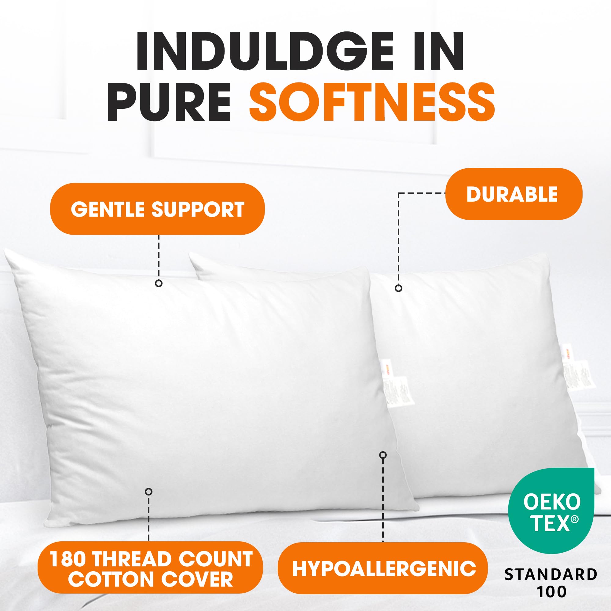 Premium Down Alternative Bed Pillows Set of 2 - Hotel Quality Standard Size Soft Pillows for Back, Stomach & Side Sleepers | Breathable & Hypoallergenic for Comfortable Sleep | Perfect for Guest Rooms, Dorms & Luxury Bedding