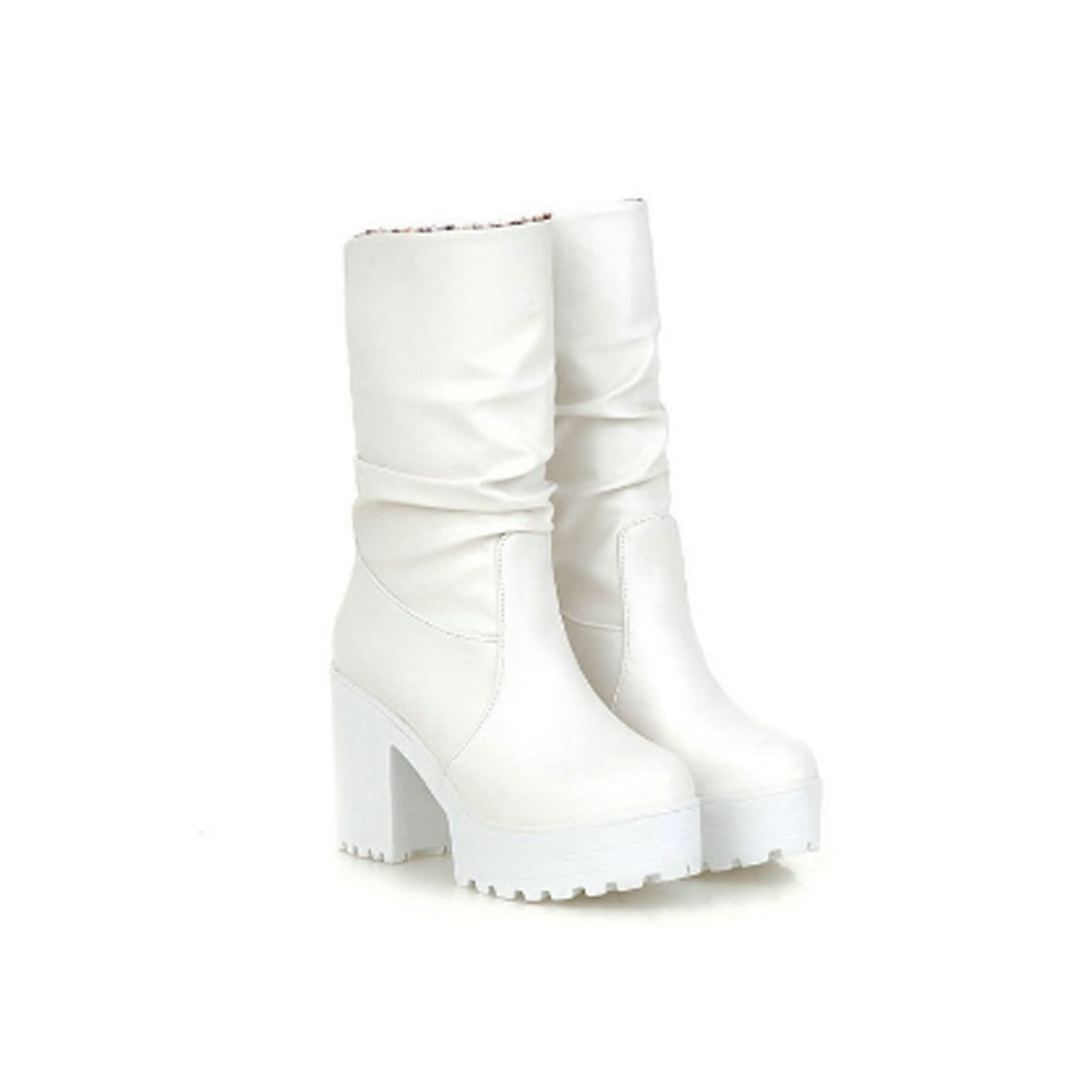 Women's Winter Boots - Classic High Heel Block Heel Platform Round Toe Ankle Boots for Ladies (White, Size 5.5 US) | Perfect for Office, Party & Winter Fashion Outfits