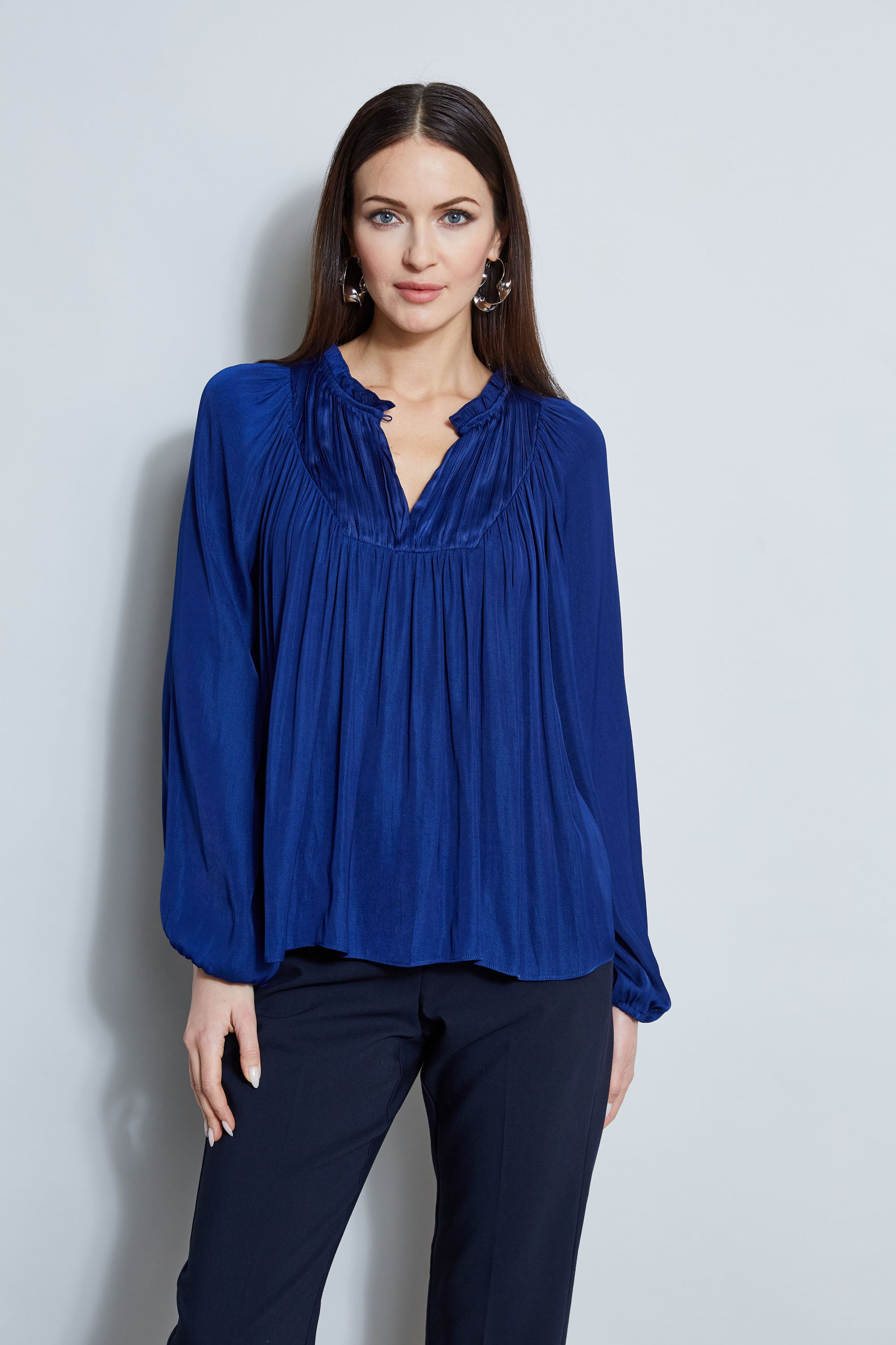 Tahari Pleated Blouson Shirt for Women | Elegant Ruffle Blouse | Office Wear & Casual Outfits | Perfect for Work, Dates & Special Occasions