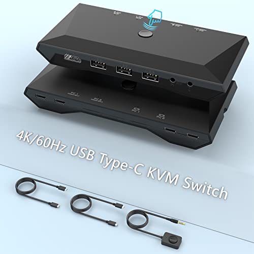 2-Port USB Type-C KVM Switch with 4K 60Hz HDMI | Dual Monitor 2-in-1 Out KVM Switch for 2 Computers | 60W PD Charging, 3x USB 2.0 Ports, Remote Control & 3.5mm Audio/Mic | Compatible with MacBook, iPad Pro, USB-C PC | Perfect for Home Office, Gaming & Multi-Device Workspaces
