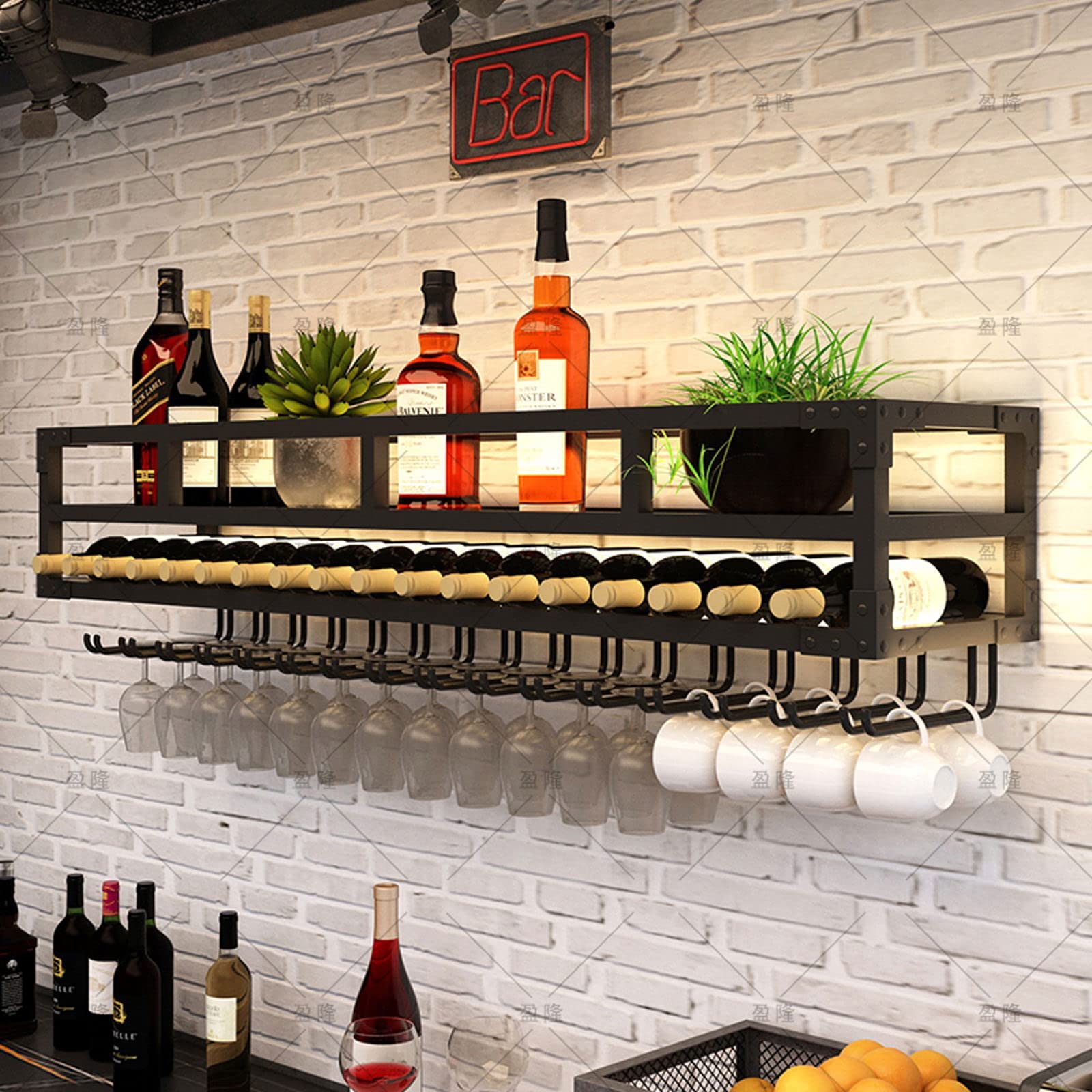 Creative LED Floating Wine Rack - Wall Mounted Bar Unit with Glass Holder for Kitchen & Dining Room | Modern Upside Down Wine Cabinet for Home Decor & Entertaining
