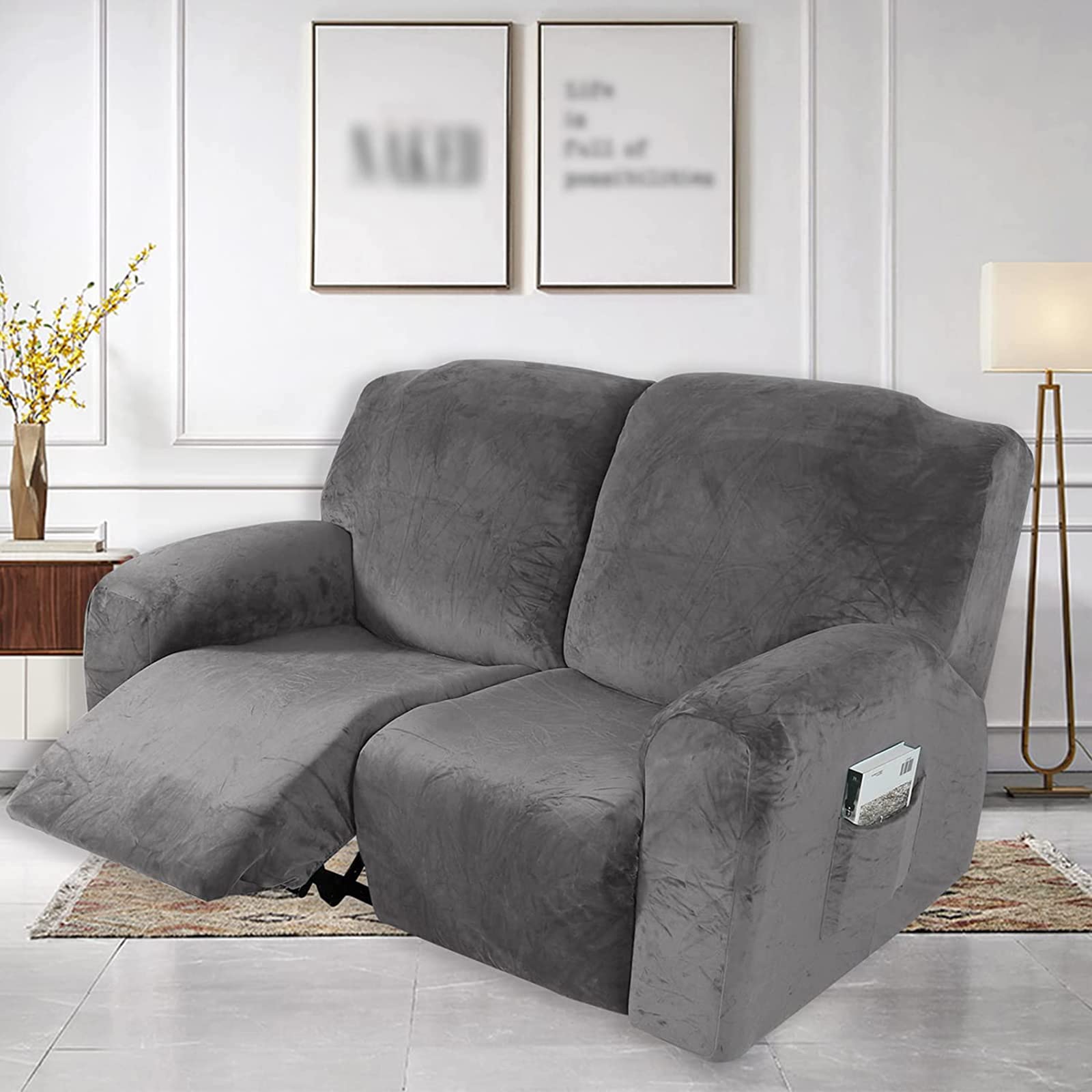 Velvet Stretch Recliner Loveseat Covers - 2 Cushion Sofa Slipcovers for Reclining Couches, Soft Furniture Protector for Living Room, Home Theater & Family Room