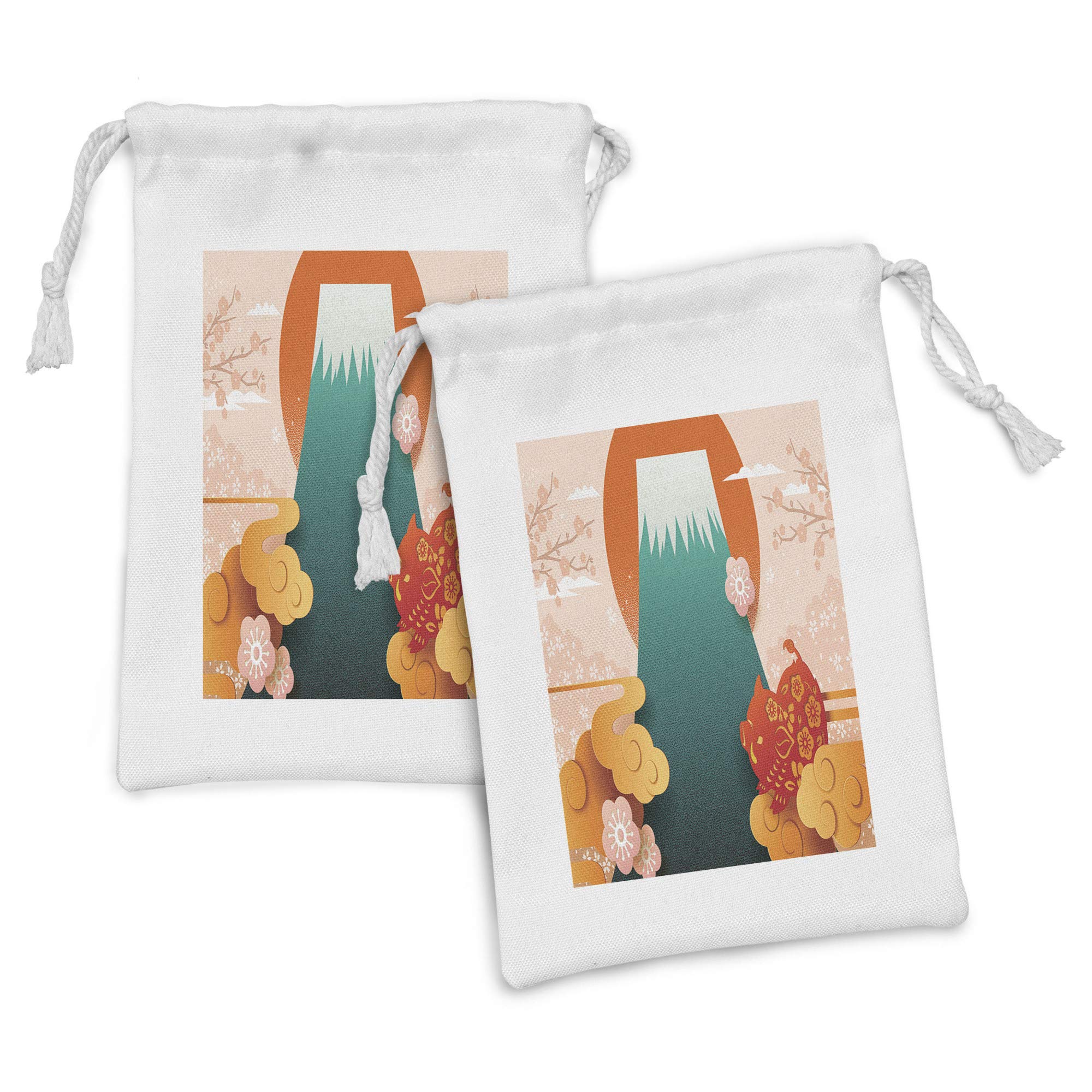 Ambesonne Japanese Fabric Pouch Set of 2 - Folkloric Cherry Blossom & Mountain Pig Design Drawstring Bags (9