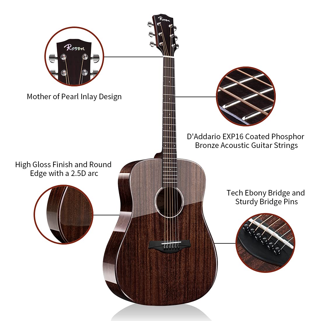 Rosen G31 Dreadnought Acoustic Guitar - 41 Inch Full Size Solid Mahogany Top with Gloss Finish - Starter Kit Includes Gig Bag, Strings, Strap & Picks - Perfect for Beginners, Campfires & Live Performances