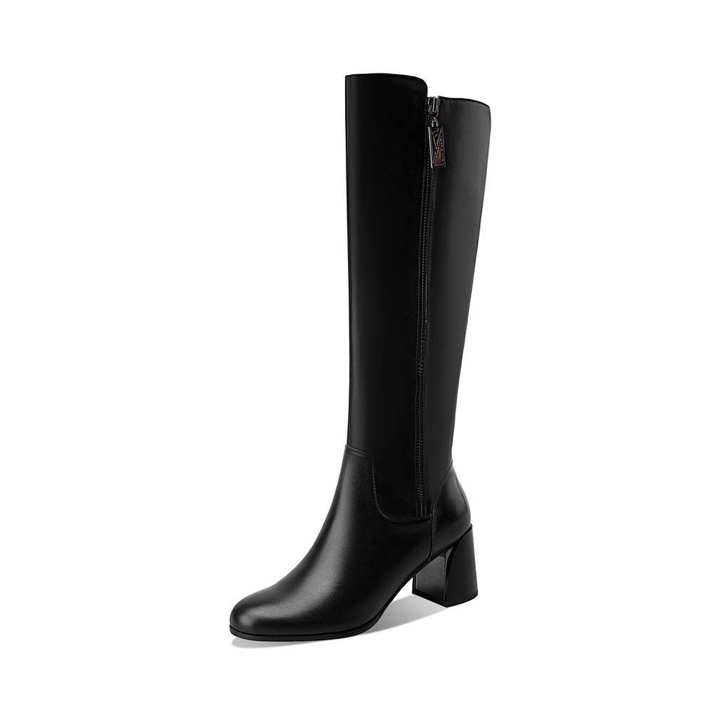 TinaCus Women's Genuine Leather Knee High Boots - Classic Black Side Zip Mid Block Heel Round Toe for Comfort & Style | Perfect for Office, Date Night & Fall Fashion
