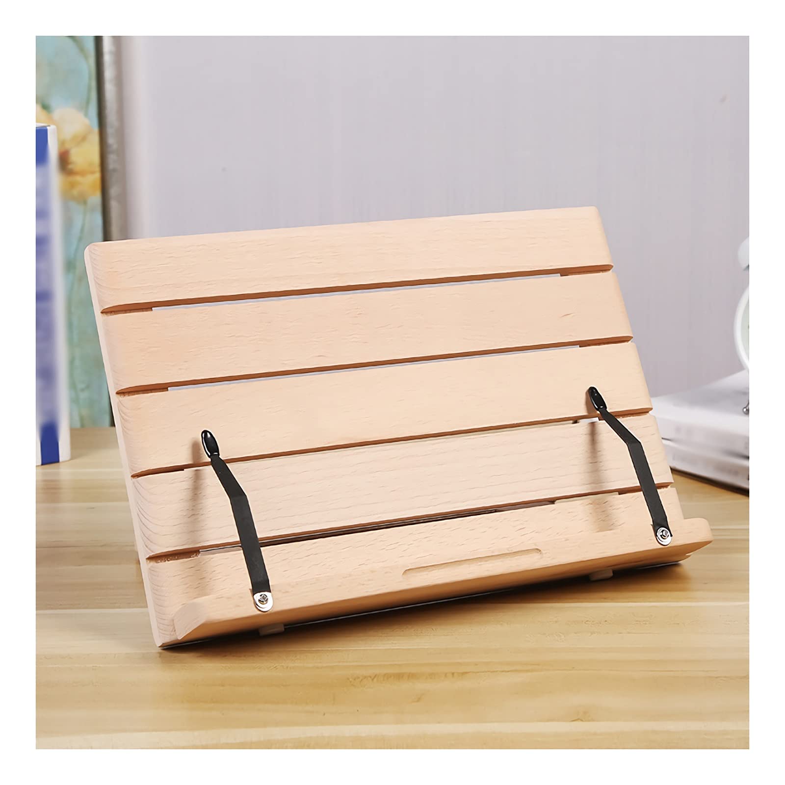 Adjustable Bamboo Book Holder Stand for Cookbooks, Tablets & Smartphones - Foldable Recipe Stand with Page Clips & Tray - Perfect for Kitchen, Office & Reading Desk