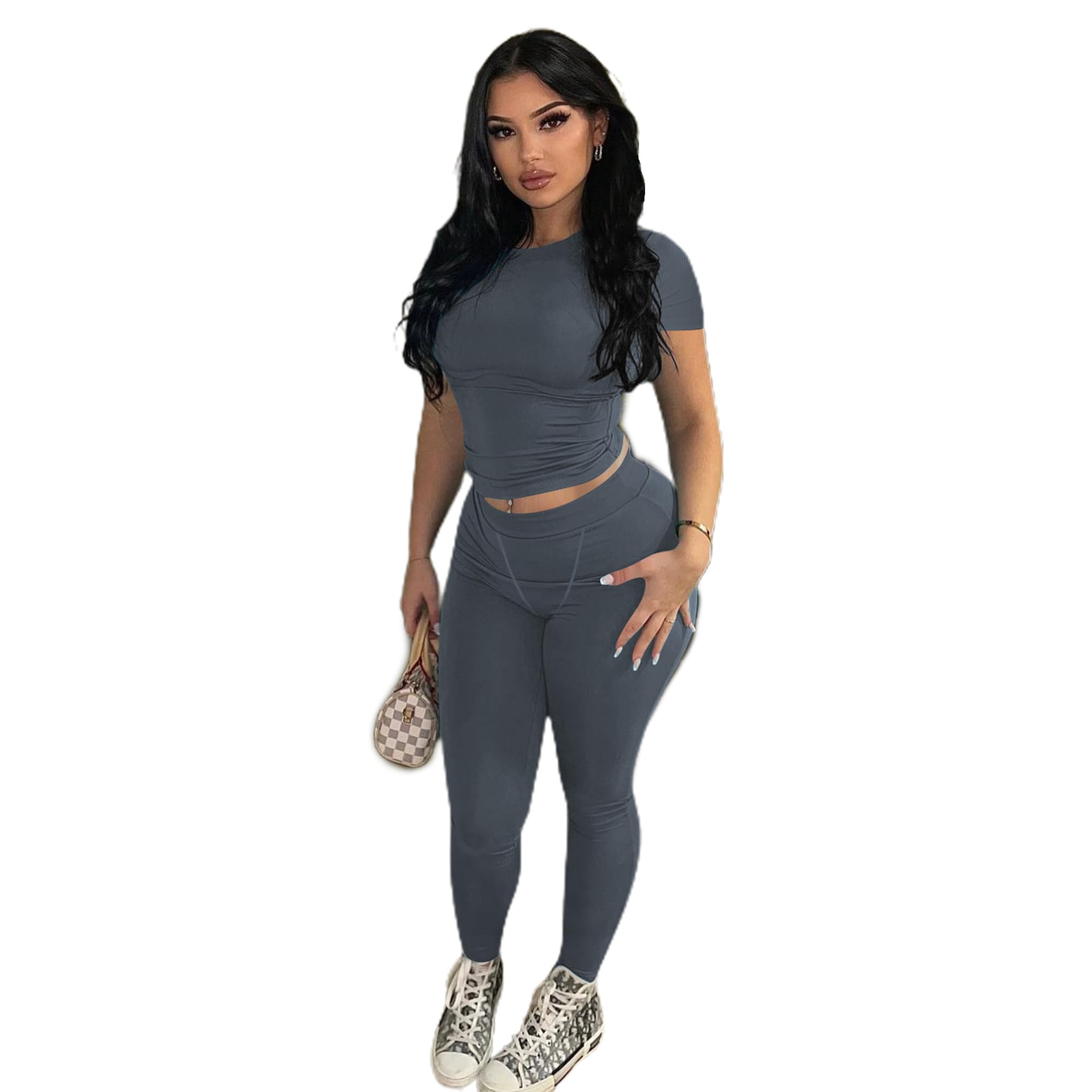 Women's 2-Piece Ribbed Workout Set - Sexy Cropped Top & High-Waisted Yoga Pants | Gym, Lounge & Yoga Outfit | Perfect for Workouts, Running & Casual Wear