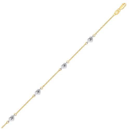 14K Two-Tone Gold Anklet with Diamond-Cut Heart Charms - 10 Inch Adjustable Ankle Bracelet for Women - Perfect for Beach, Date Night & Everyday Wear