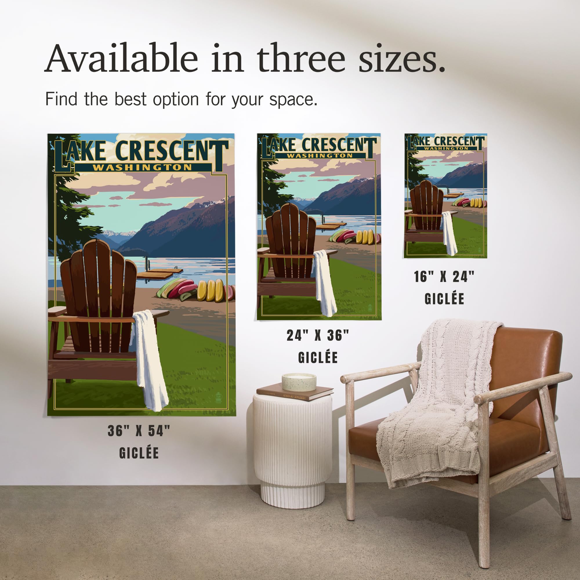 Lantern Press 16x24 Inch Giclee Art Print - Lake Crescent & Adirondack Chairs Landscape Wall Decor - Washington State Nature Photography for Living Room, Bedroom or Office