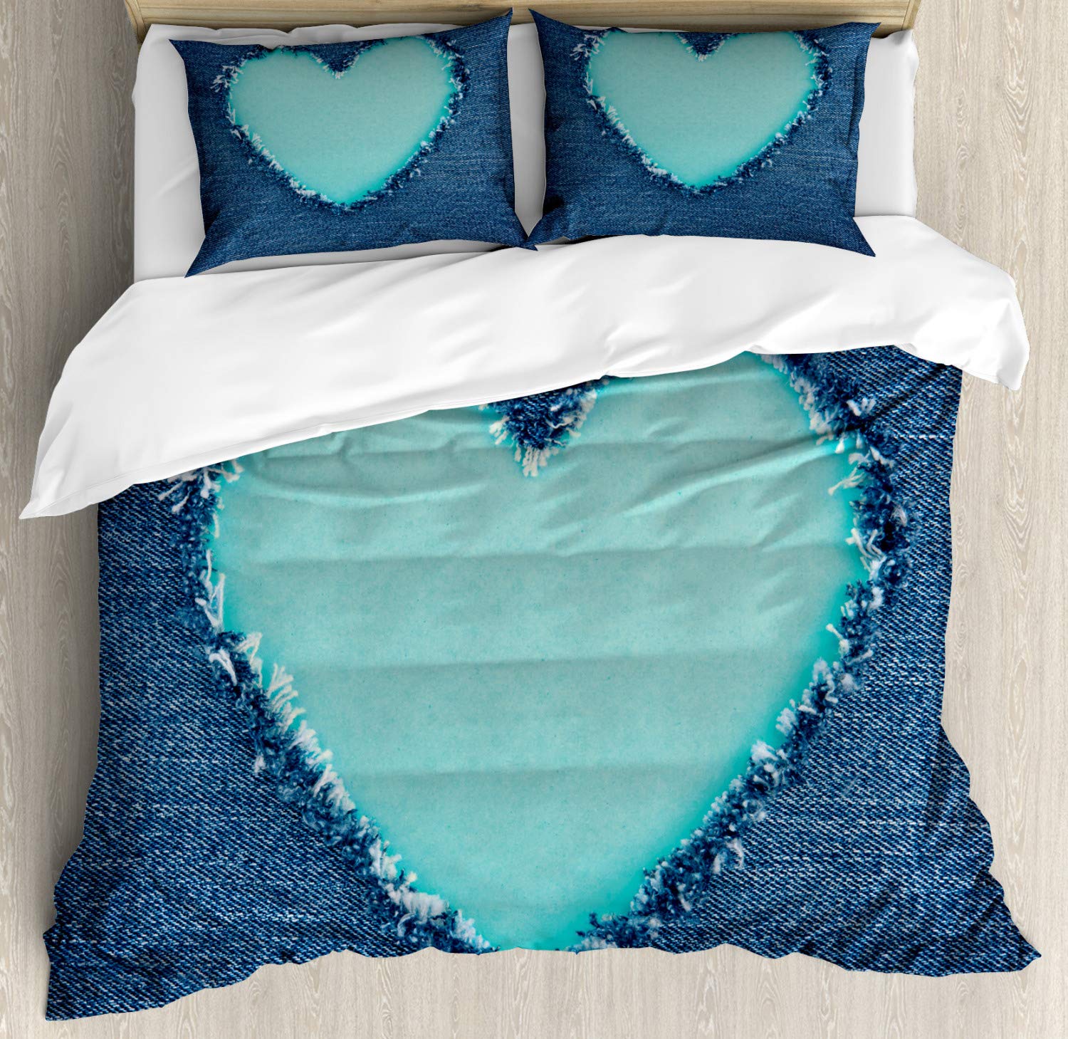 Ambesonne Navy and Teal Duvet Cover Set - Romantic Ripped Heart Design for Valentine's Day, 2-Pack Queen Size Bedding Set with 2 Duvet Covers & 4 Pillowcases, Navy Blue & Seafoam - Perfect for Couples' Bedrooms, Anniversary Gifts & Cozy Home Decor
