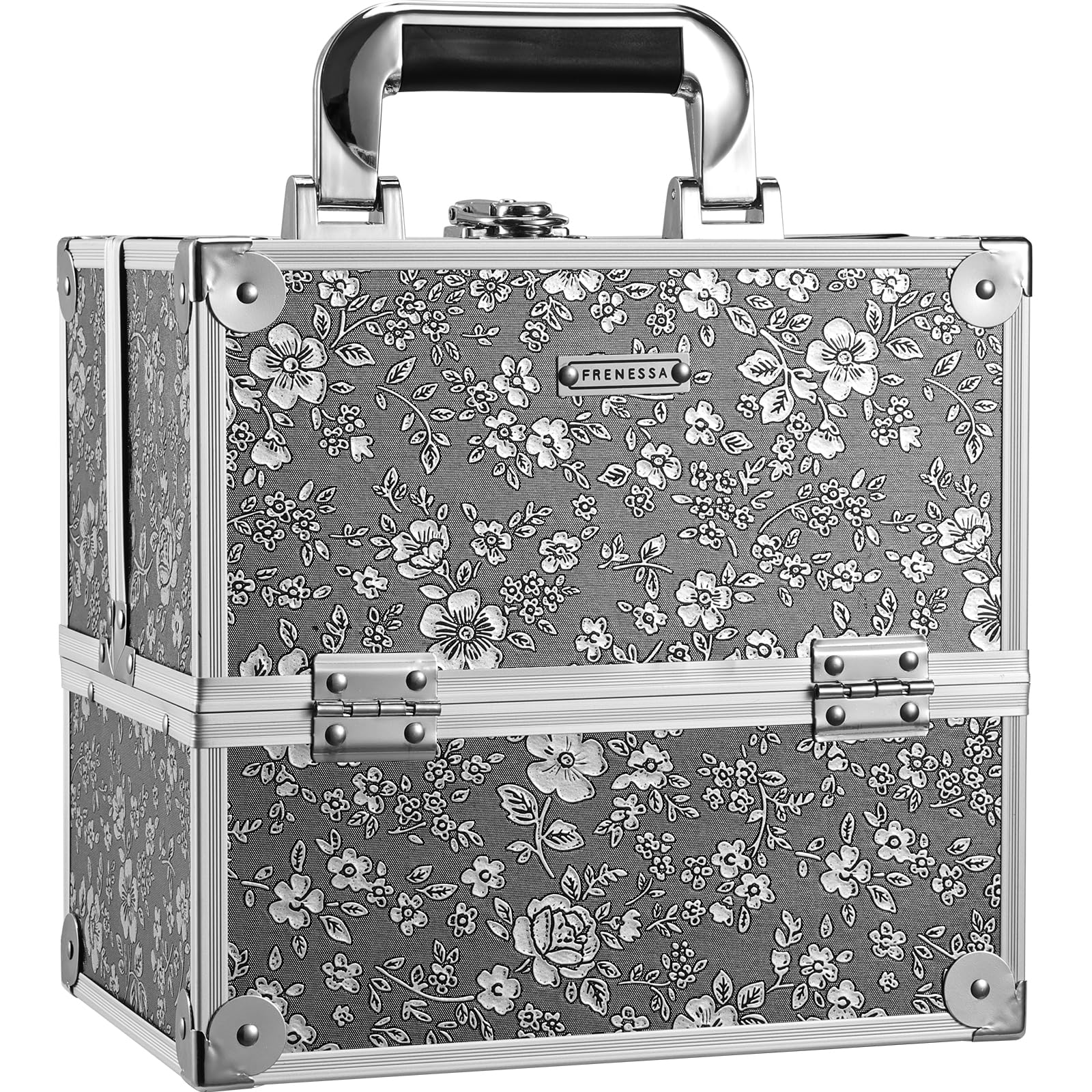 Frenessa 4-Tier Floral Makeup Train Case - Lockable Cosmetic & Jewelry Organizer with Portable Travel Design for Women & Girls - Perfect for Travel, Home Storage & Salon Use - Silver Floral