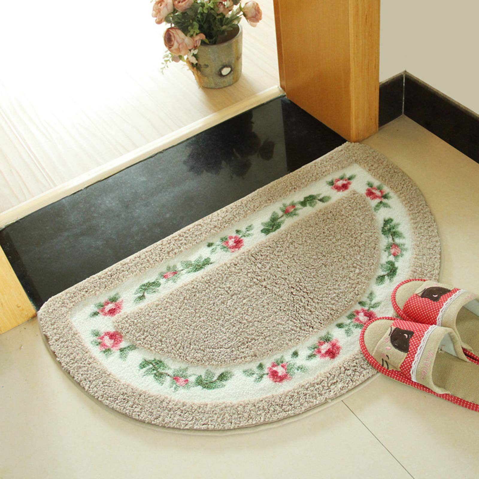 Half Moon Bathroom Door Mat - Non-Slip Semicircle Rug for Kitchen, Bedroom & Toilet | Rustic Rose Design Floor Mat for Home Decor | Perfect for Entryways, Showers & High-Traffic Areas