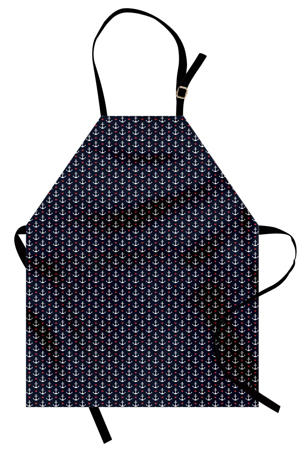 Ambesonne Anchor Apron - Small White Anchors & Red Hearts Design, Adjustable Ties for Baking, Painting, Cooking - Perfect for Kitchen, BBQ, Crafts & Romantic Getaways - Black White Red Small Size