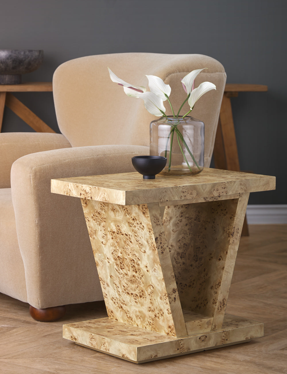 Chloe Modern Burl Wood Side Table - Nightstand, End Table for Living Room, Bedroom, or Office - Rustic Accent Furniture with Natural Wood Grain
