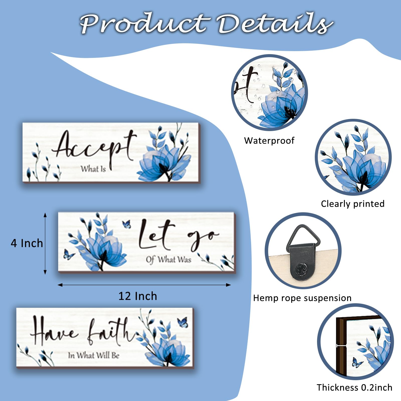 3-Piece Blue Bathroom Decor Set - Rustic Flower Wall Art with Inspirational Quote 