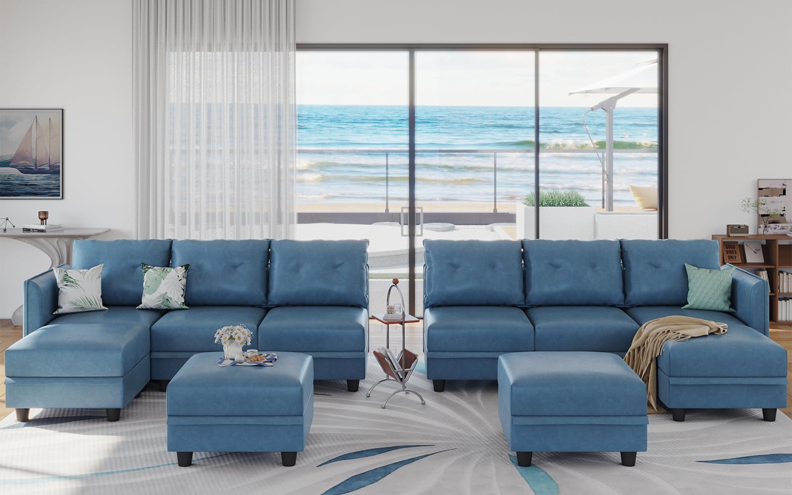 LLappuil 10-Seater Modular Sectional Sofa - U-Shaped Convertible Couch with Reversible Chaise & Ottoman, Navy Blue Faux Leather Fabric, Modern Living Room Furniture for Large Family Gatherings & Home Theater