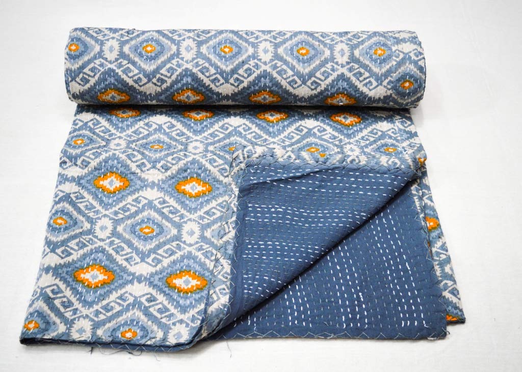 Handmade Indian Kantha Quilt - 100% Cotton Queen Size Bedspread (90