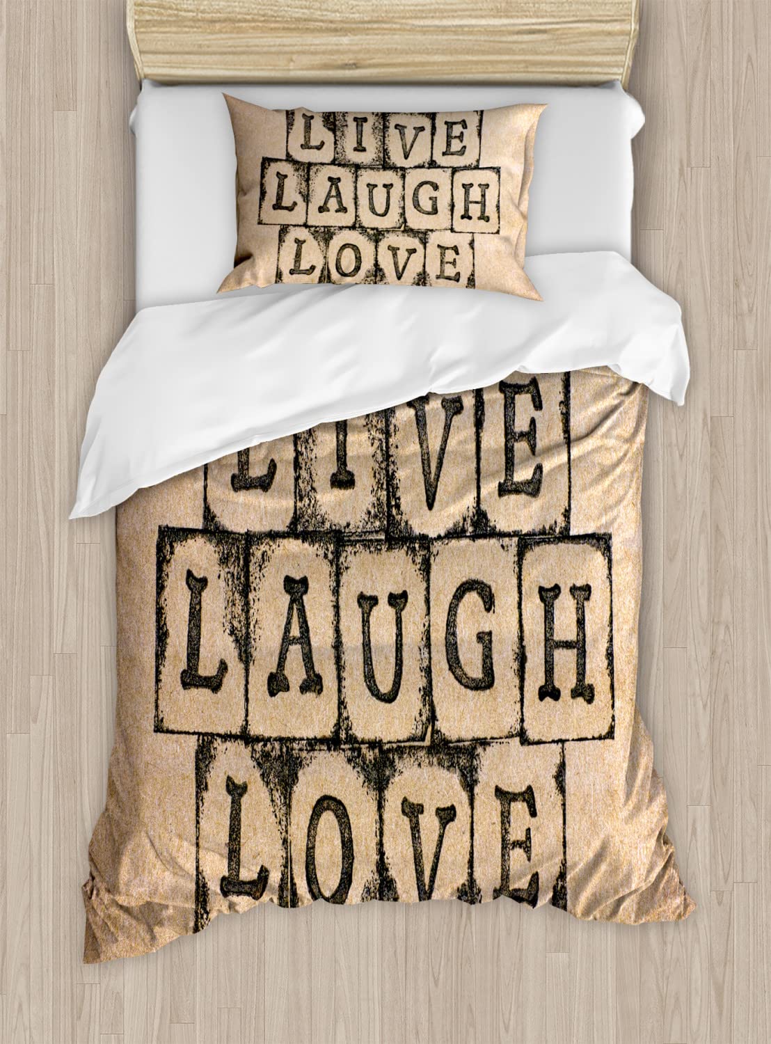 Ambesonne Vintage Live Laugh Love Duvet Cover Set - Queen Size 2-Pack with 2 Duvet Covers & 4 Pillowcases, Black Alphabet Stamp Design on Grunge Backdrop - Perfect for Bohemian & Retro Bedroom Decor