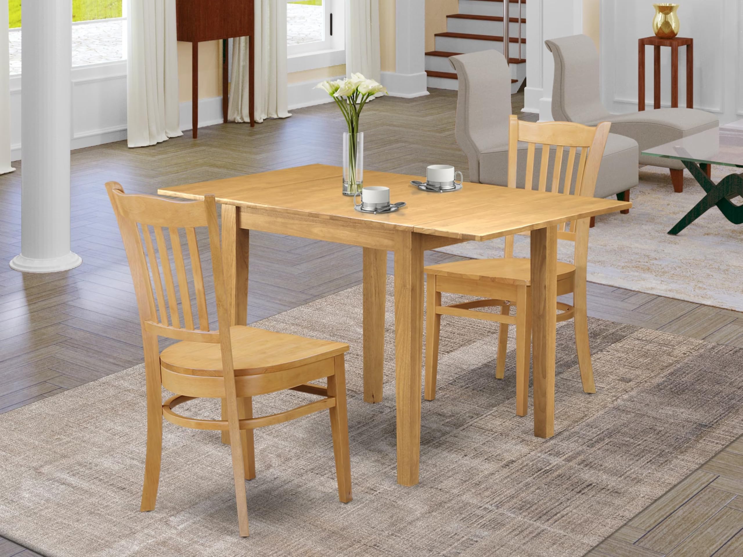 East West Furniture NDGR3-OAK-W 3-Piece Small Space Dinette Set with Drop-Leaf Rectangle Dining Table & 2 Chairs, 30x48 Inch, Oak - Perfect for Apartments, Breakfast Nooks & Cozy Dining Areas