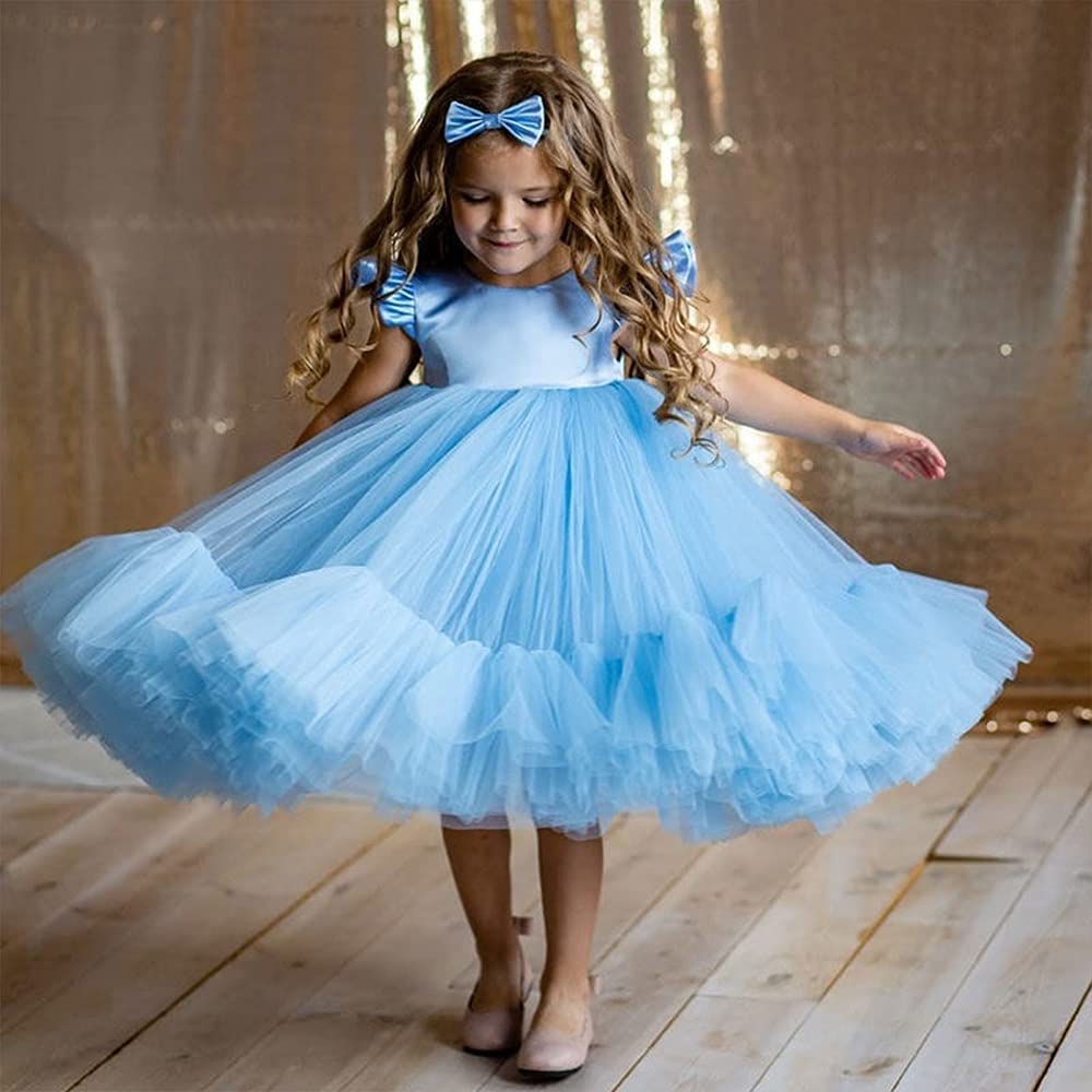0-6T Big Bowknot Sequins Toddler Baby Girls Embroidered Lace Dresses with Headwear - Elegant Party Outfits for Birthday, Christening & Special Occasions