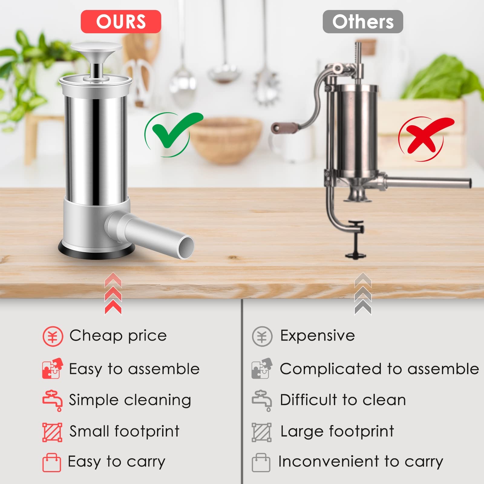 Stainless Steel Vertical Sausage Stuffer & Sausage Maker with 4 Stuffing Tubes - 2.2LB Manual Sausage Stuffer Machine for Home Kitchen, Butcher Shop & Sausage Making Enthusiasts