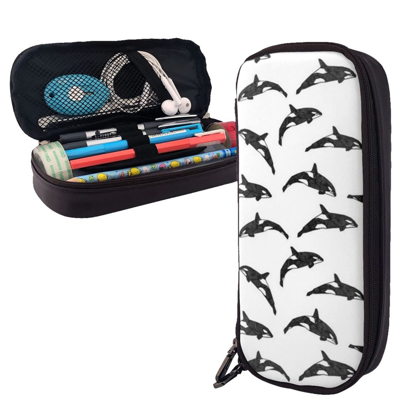 Orca Killer Whale Black & White Leather Pencil Case - Waterproof Large Capacity Stationery Organizer Pouch for School, Office & Travel | Durable Pencil Box & Bag Holder