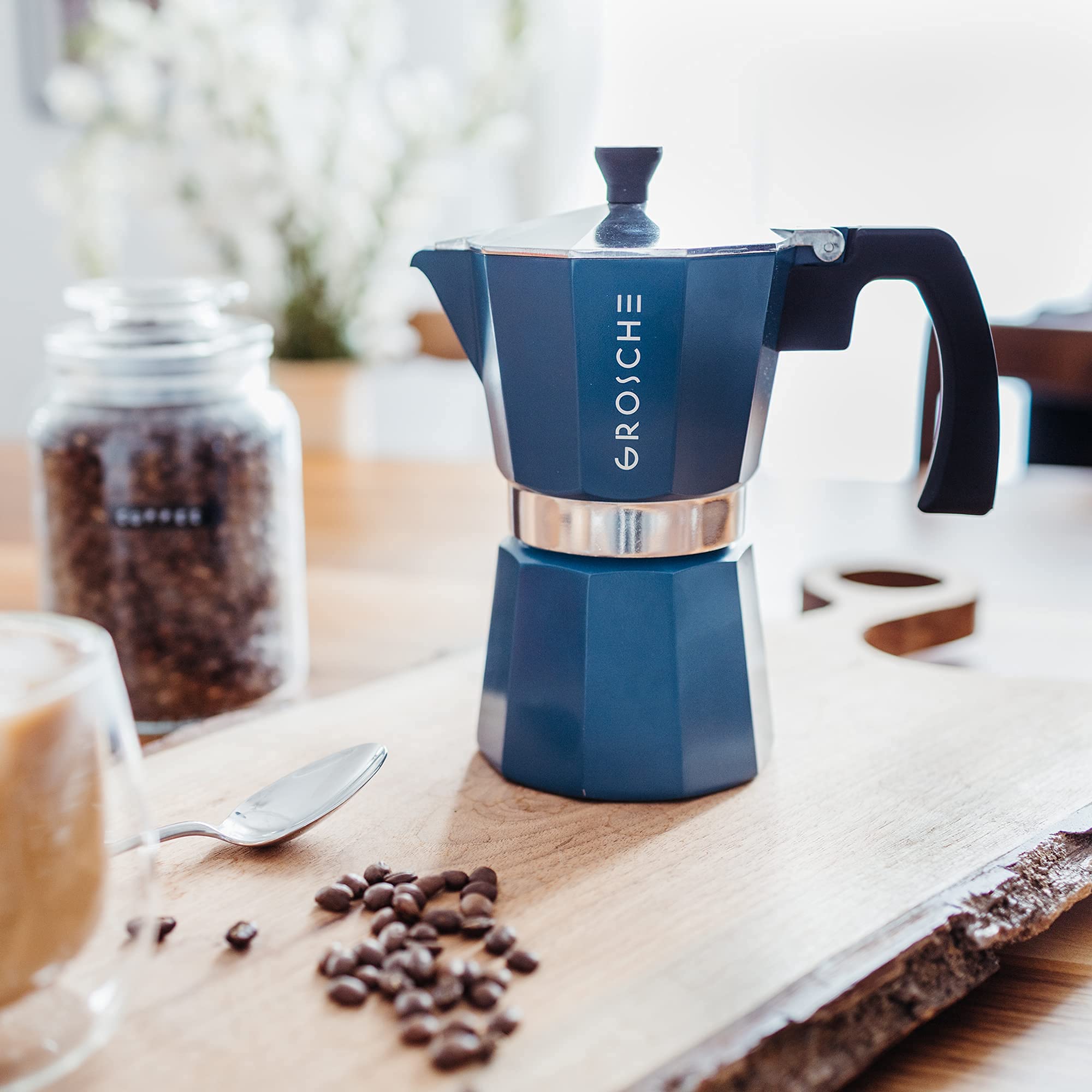 GROSCHE Milano Stovetop Espresso Maker - 6 Cup Moka Pot (9.3 oz) with 3 Replacement Seals - Italian Coffee Maker for Home & Camping - Perfect for Espresso, Latte & Cappuccino - Blue