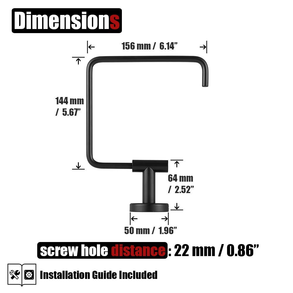 Stainless Steel Square Black Towel Ring Holder - 6 Inch Matte Black Wall Mount Bathroom Accessory (TR140-PB) - Perfect for Modern Bathrooms, Powder Rooms & Spa Decor