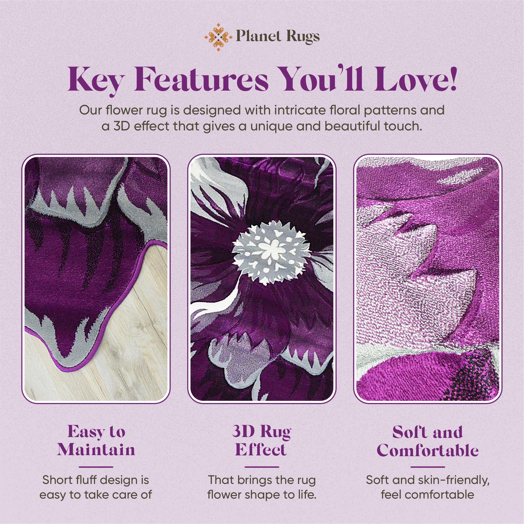 5ft Round Flower Shaped Area Rug - Soft Plush Circle Carpet for Bedroom, Living Room & Nursery - Girly Home Decor in 305 Purple - Perfect for Boho Chic Decor, Kids Play Area & Cozy Floor Seating